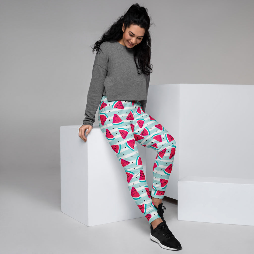 Women’s striped watermelon recycled jogger pants in vibrant pink and teal with cozy brushed fleece and pockets