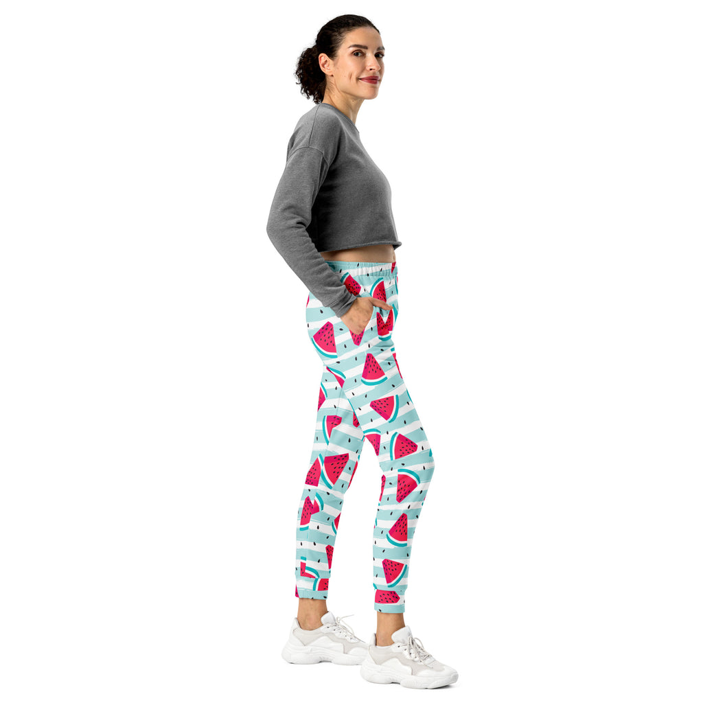 Women’s striped watermelon recycled jogger pants with pockets in vibrant red and teal stretchy fabric with fleece lining