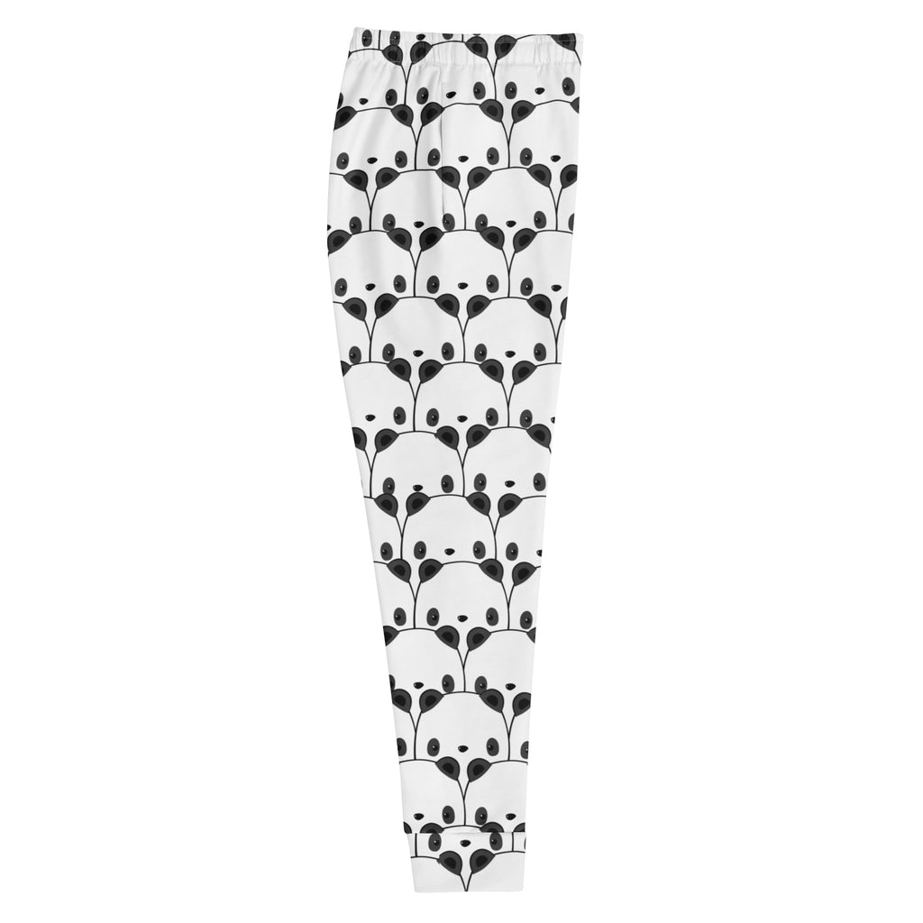 Women’s white recycled jogger pants with cozy brushed fleece inside and black panda face line-art pattern