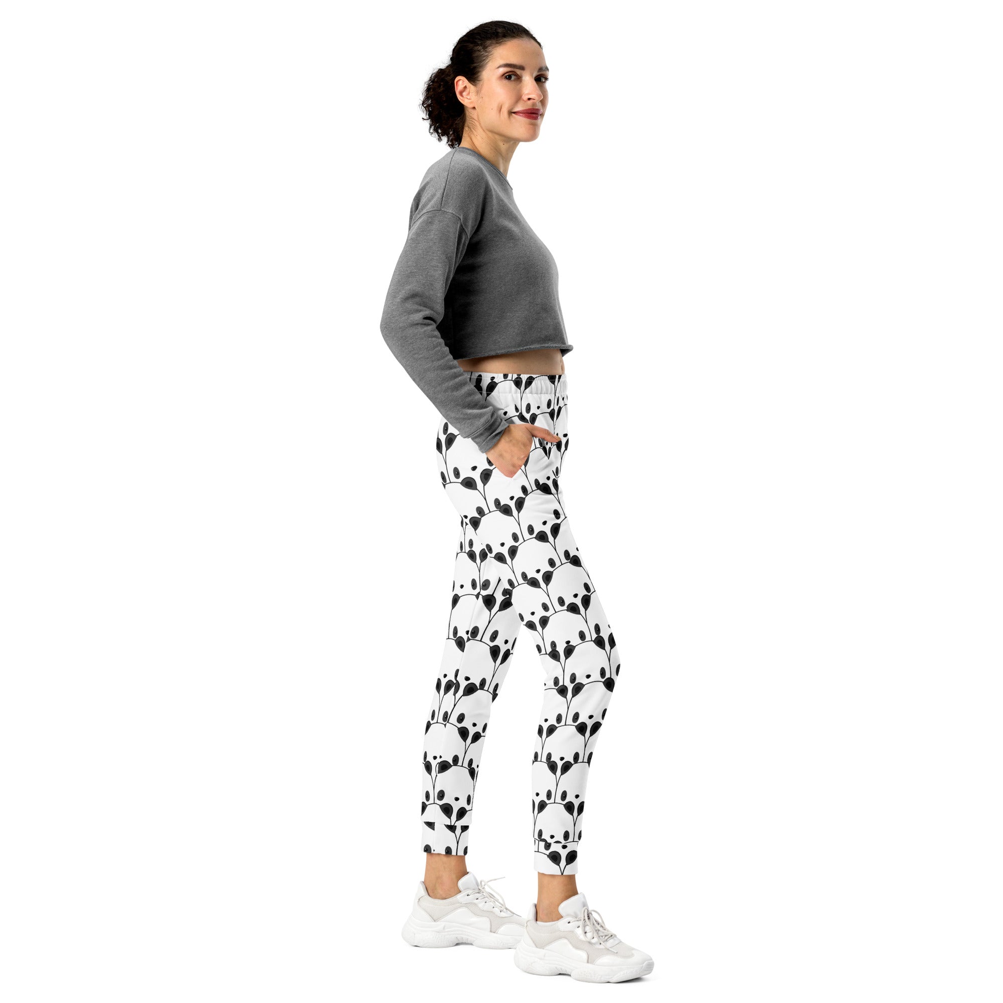Women’s panda recycled jogger pants with pockets black and white face pattern cozy brushed fleece inside