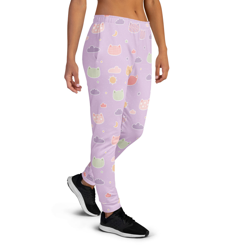 Women’s pastel lavender joggers with colorful kawaii cats clouds moons print cozy brushed recycled fleece pockets