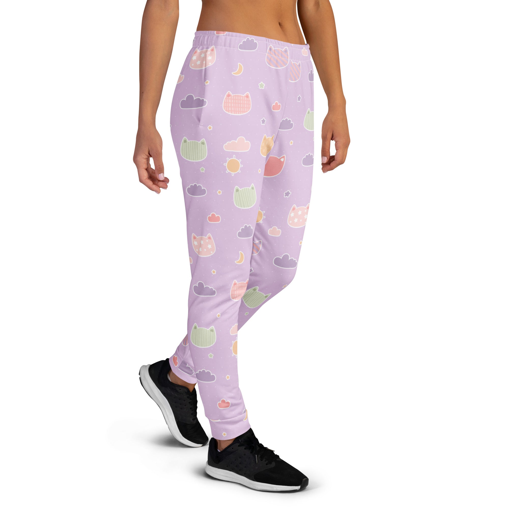 Women’s pastel lavender joggers with colorful kawaii cats clouds moons print cozy brushed recycled fleece pockets