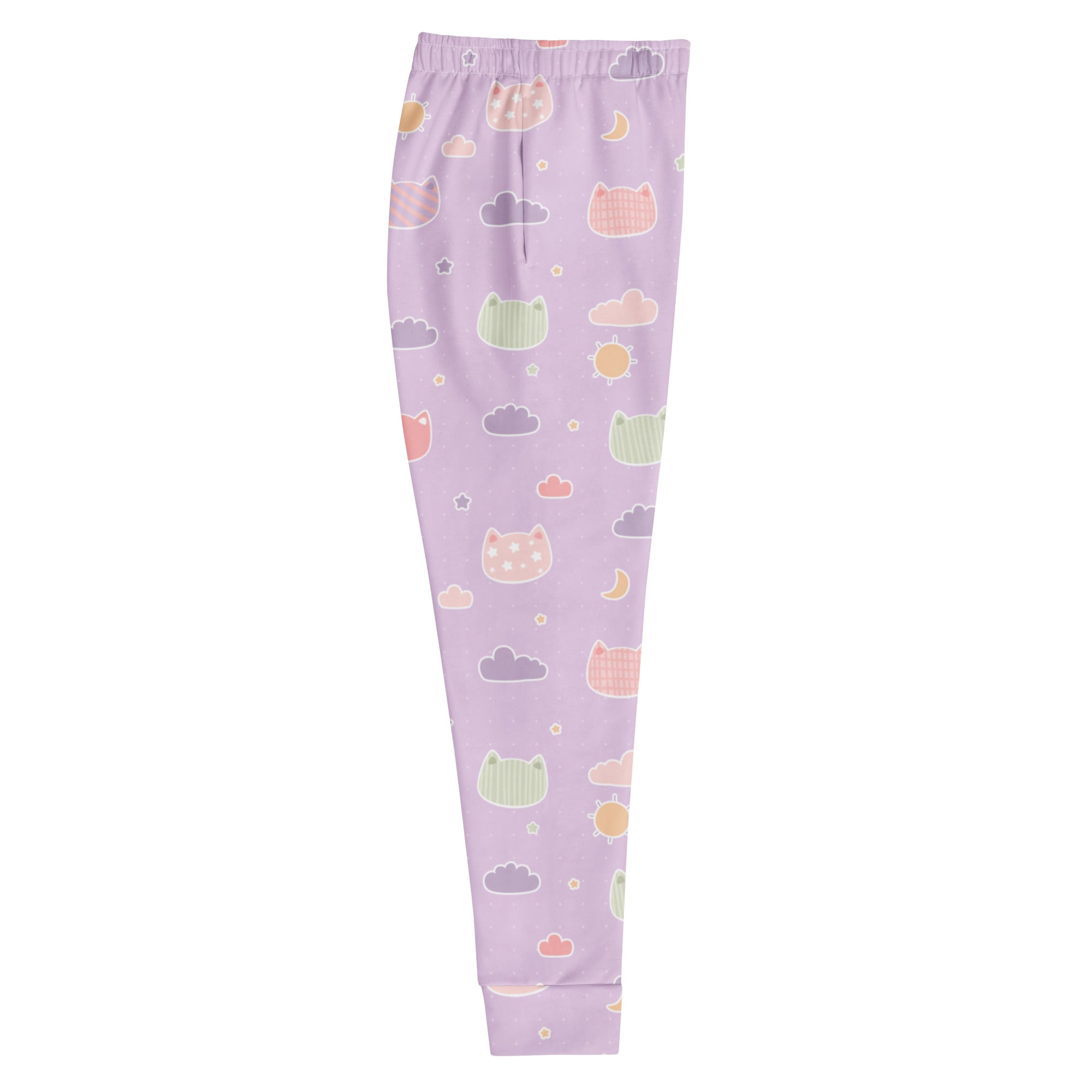 Women’s pastel purple kawaii cats and clouds recycled jogger pants with cozy brushed fleece and pockets