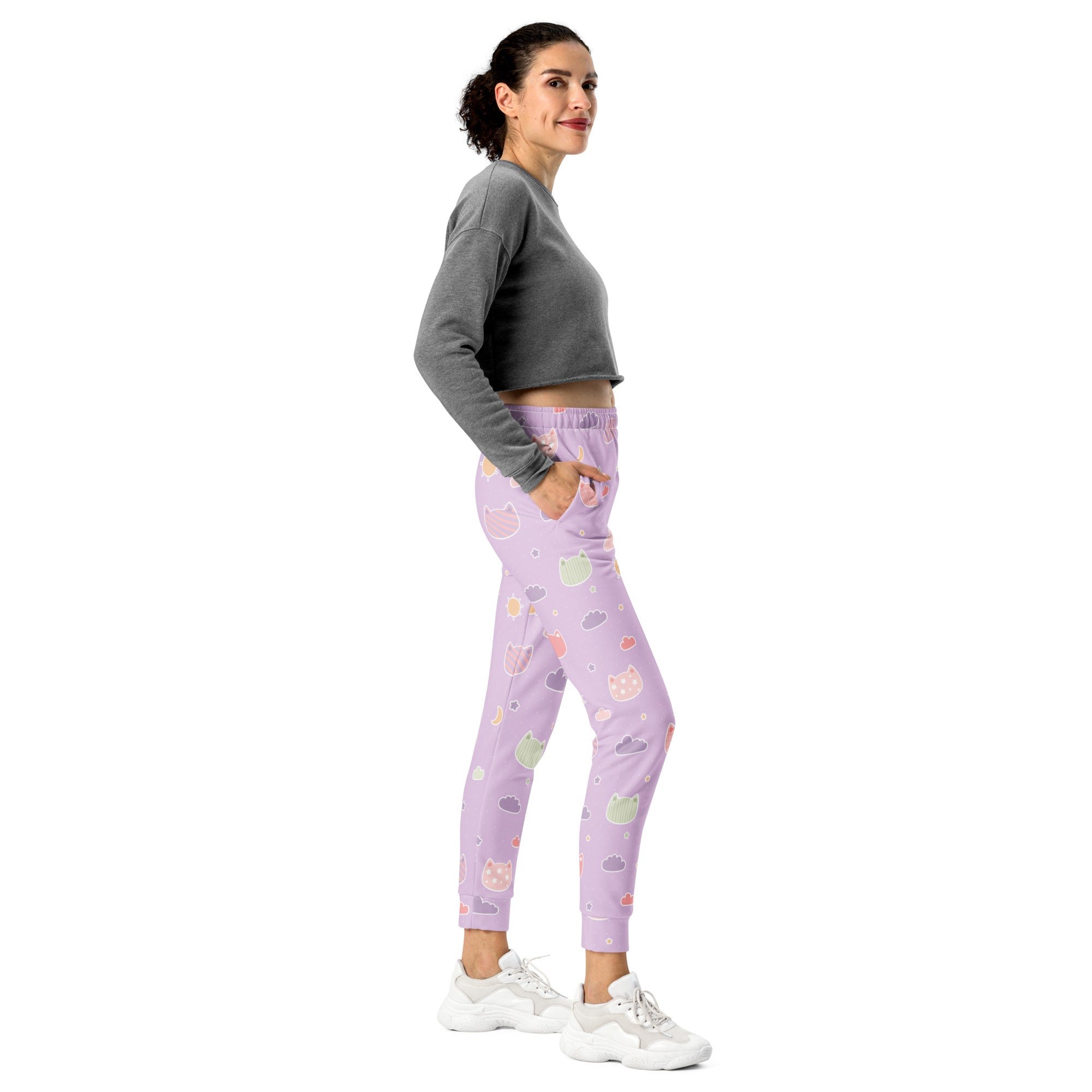 Women’s pastel purple kawaii cats and clouds recycled jogger pants with pockets and cozy brushed fleece inside