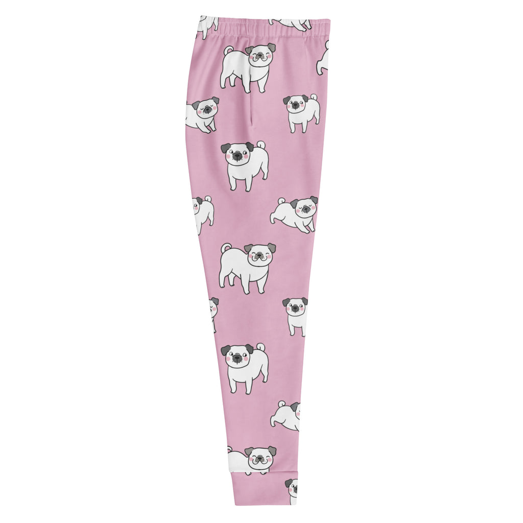 Women’s pink jogger pants with white pug pattern made from recycled fleece with pockets and cozy brushed inside
