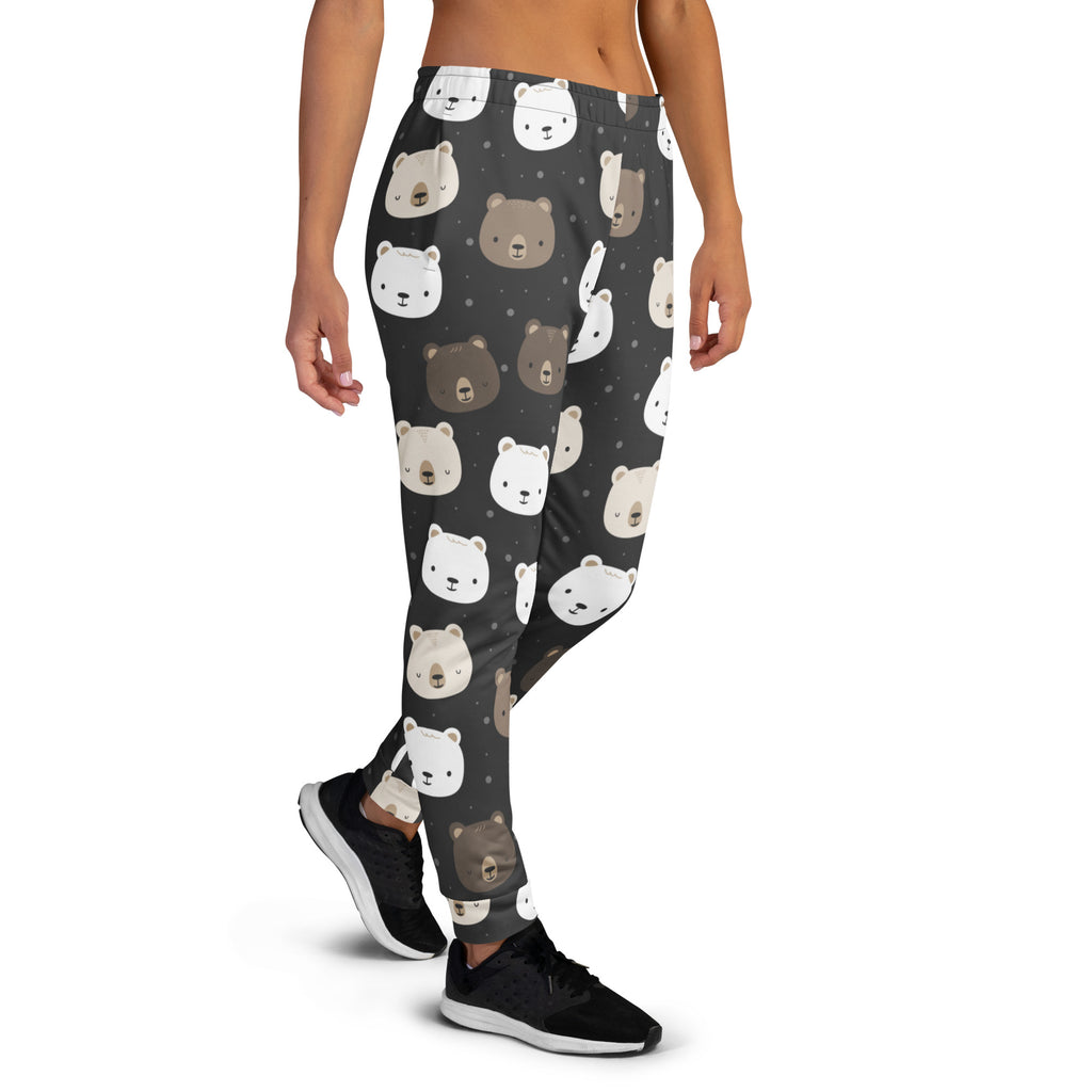 Dark gray women’s cute bear recycled jogger pants with pockets featuring white and brown cartoon bear faces