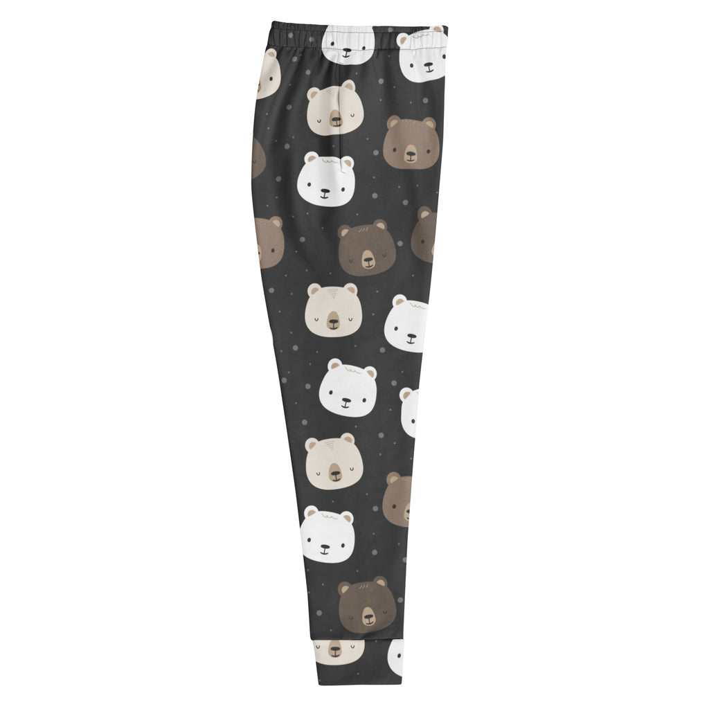Black women’s recycled jogger pants with pockets featuring white and brown bear faces cozy brushed fleece inside