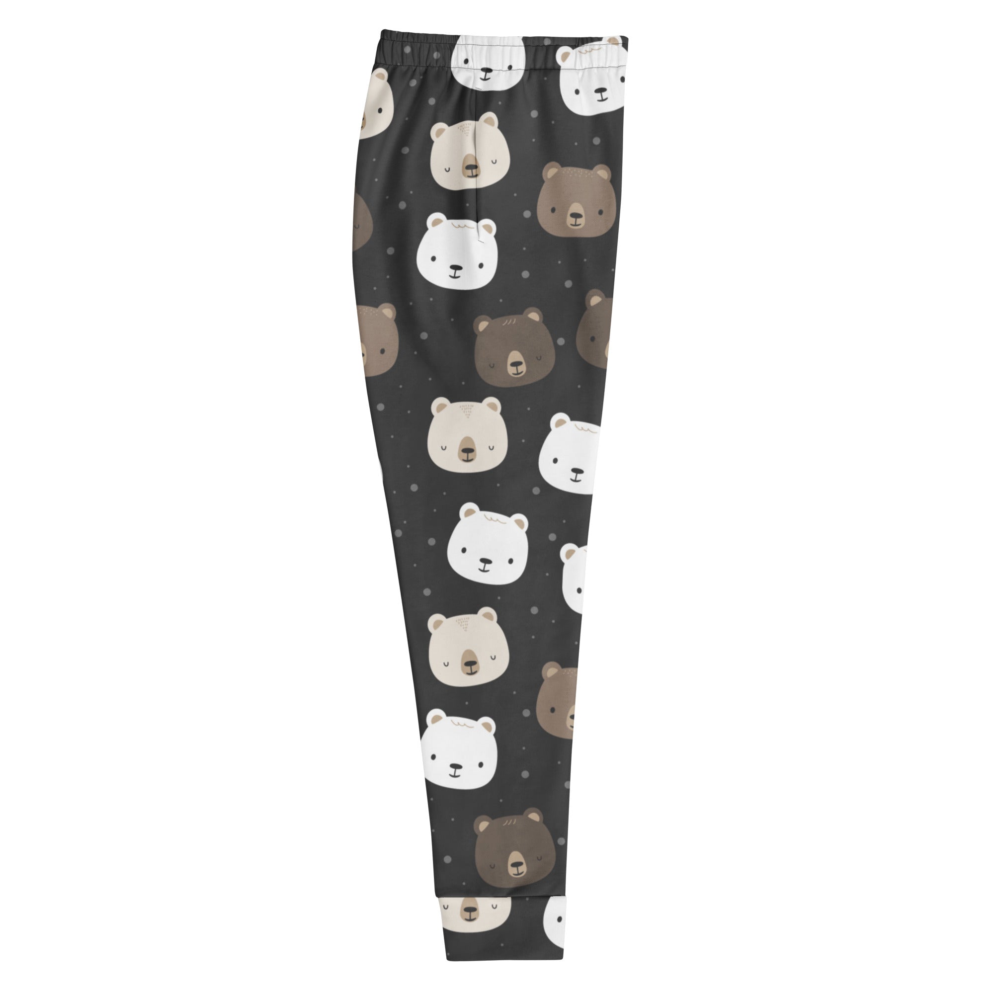 Black women’s recycled jogger pants with pockets featuring white and brown bear faces cozy brushed fleece inside