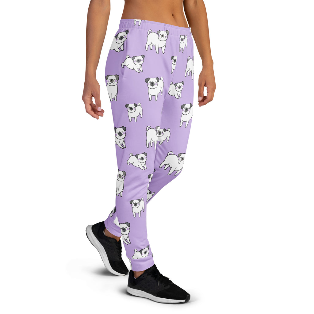 Women’s purple pug recycled jogger pants with pockets featuring white pug pattern and cozy brushed inside fleece