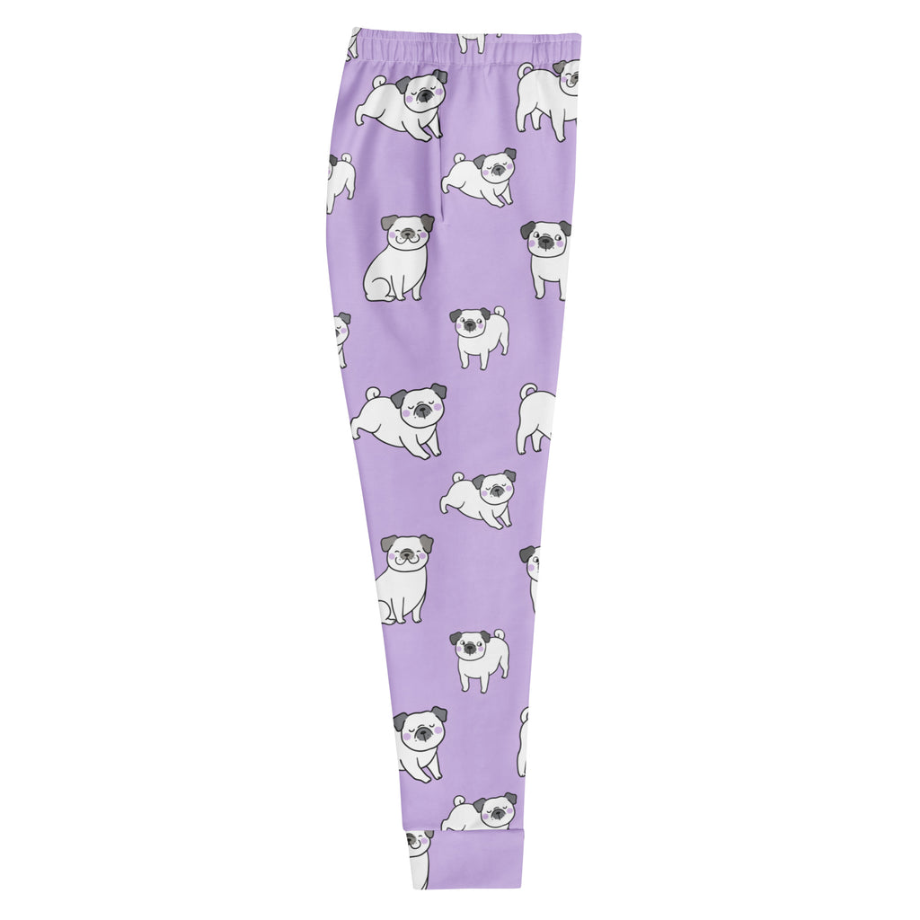 Women’s purple recycled jogger pants with pockets and cozy brushed fleece inside featuring white and gray pug pattern