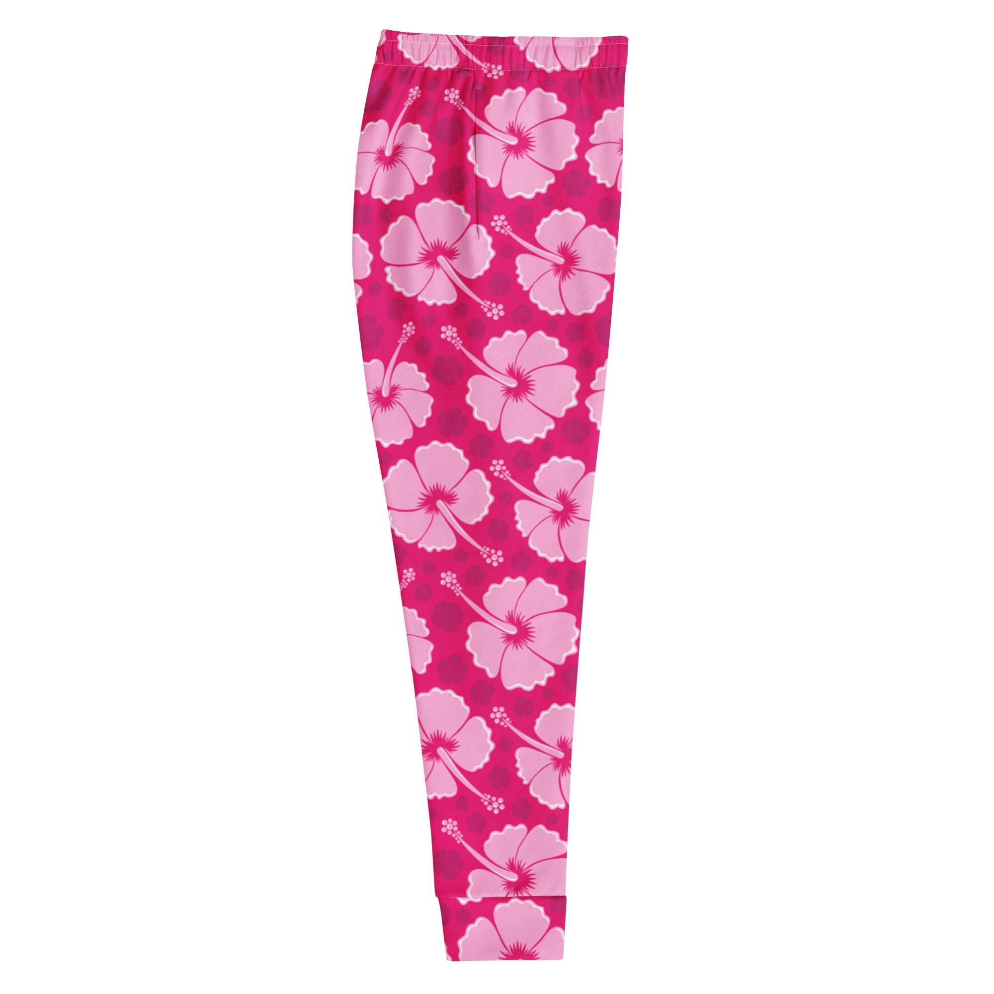 Women’s pink hibiscus floral recycled jogger pants with pockets in vibrant magenta and cozy brushed inside fleece