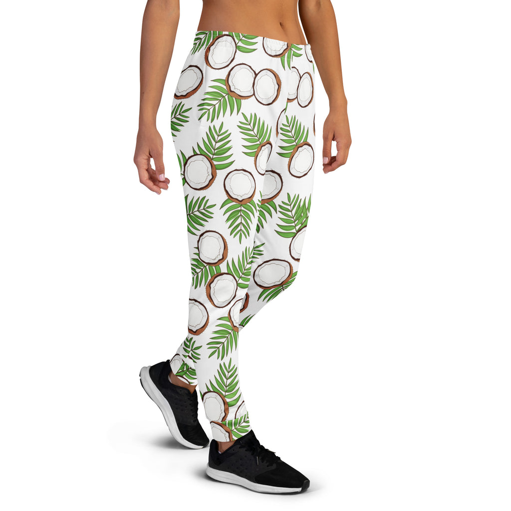 White women’s coconut palm leaf recycled jogger pants with vibrant coconut pattern and cozy brushed fleece inside