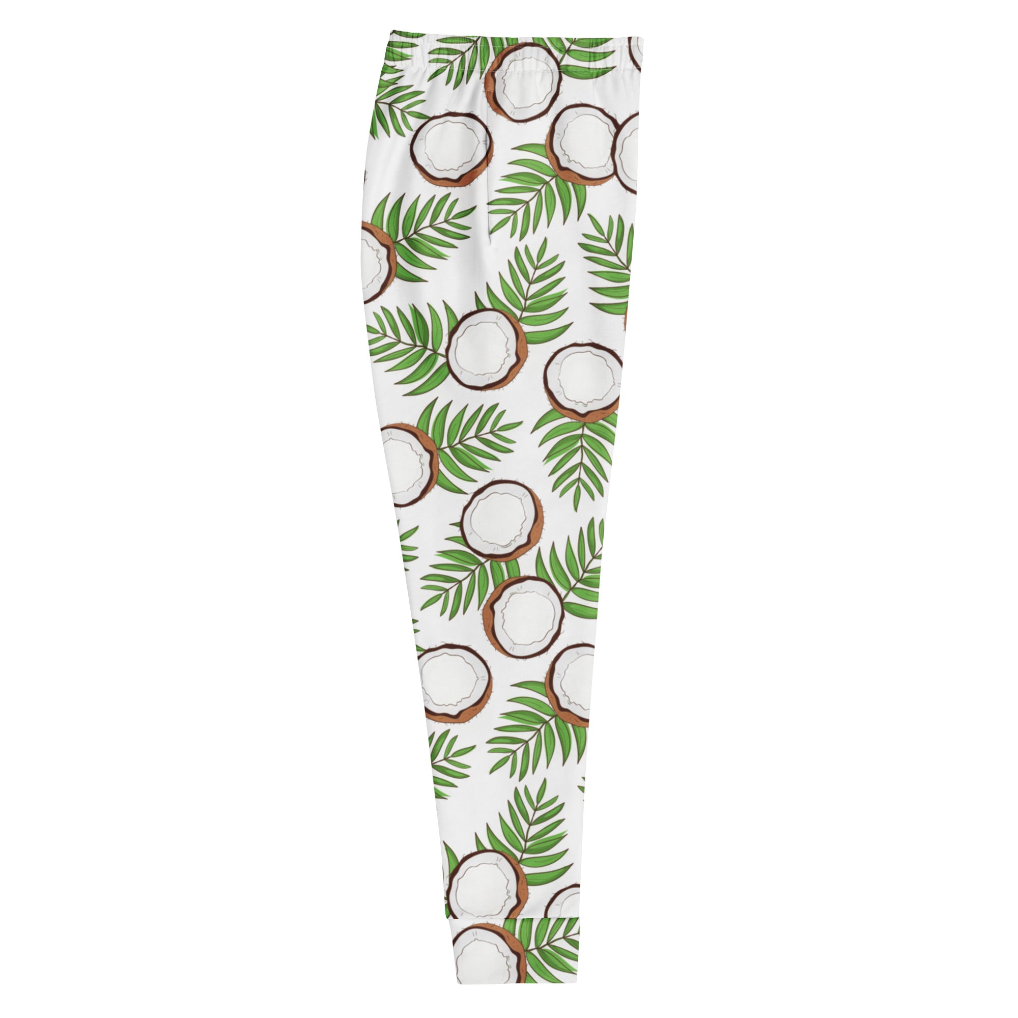 Women’s white recycled jogger pants with vibrant green palm leaves and brown coconut pattern cozy brushed fleece