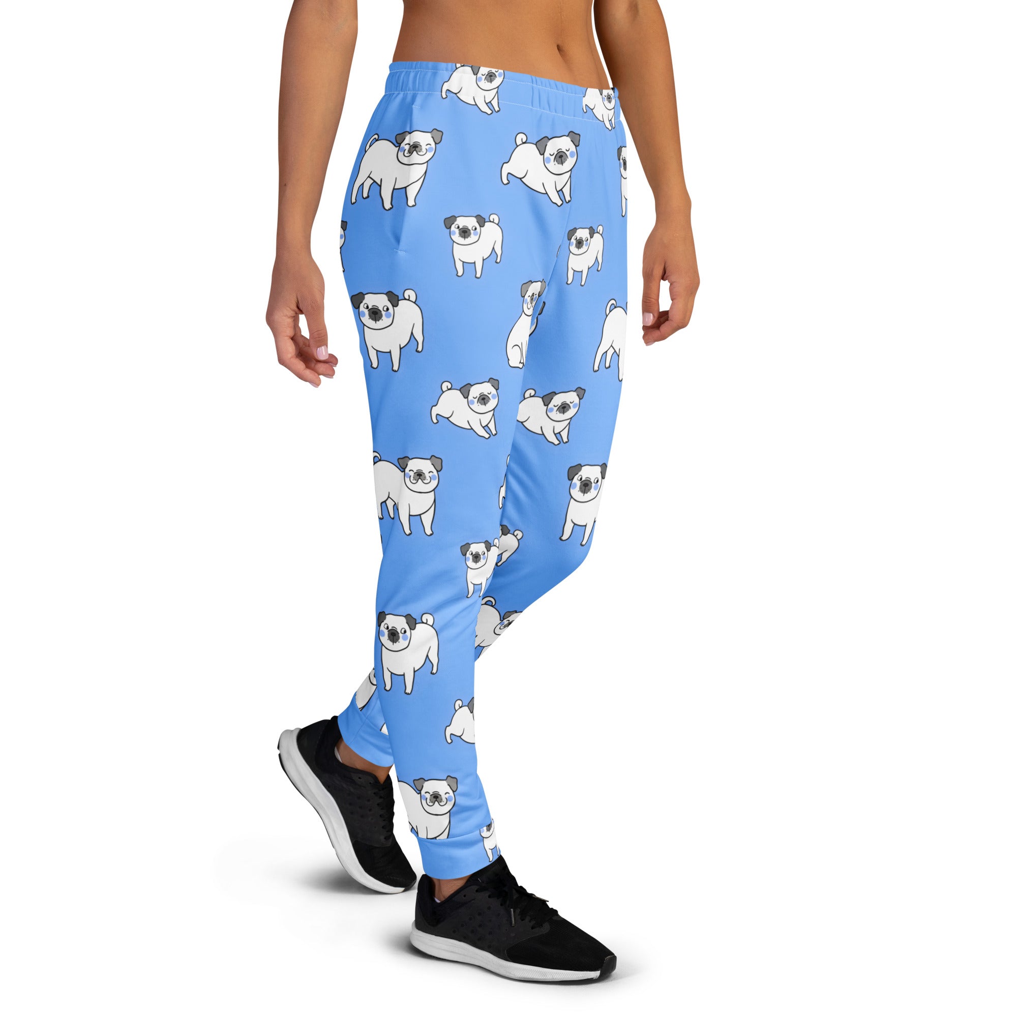 Women’s light blue recycled jogger pants with playful white pug pattern cozy brushed inside fleece and pockets