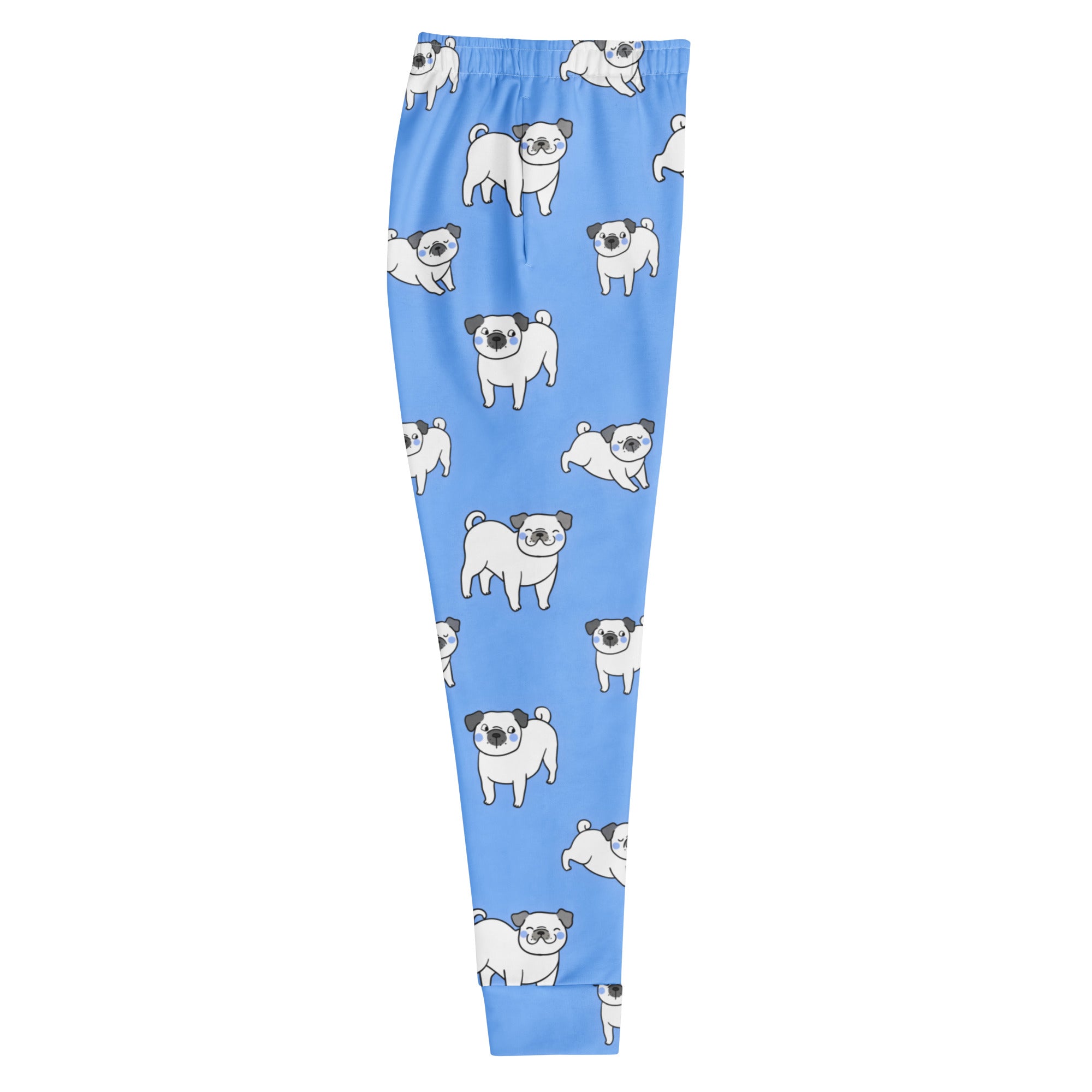 Women’s light blue recycled jogger pants with cozy brushed fleece inside featuring white pugs with black ears and noses