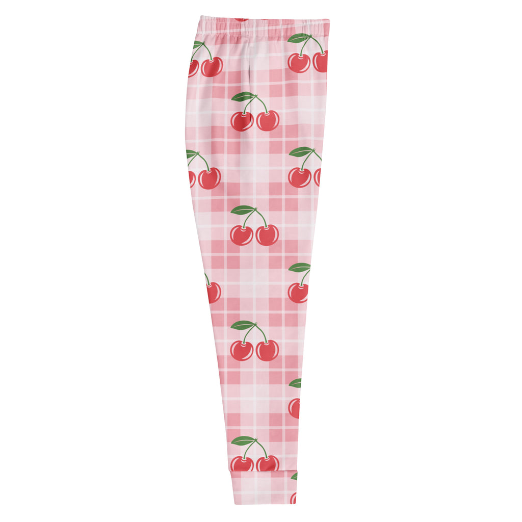 Women’s pink cherry plaid recycled jogger pants with pockets cozy brushed fleece inside and cherry pattern