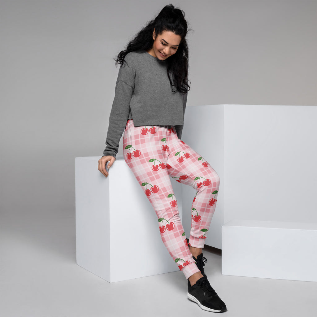 Women’s pink cherry plaid recycled jogger pants with pockets and cozy brushed inside fleece lining