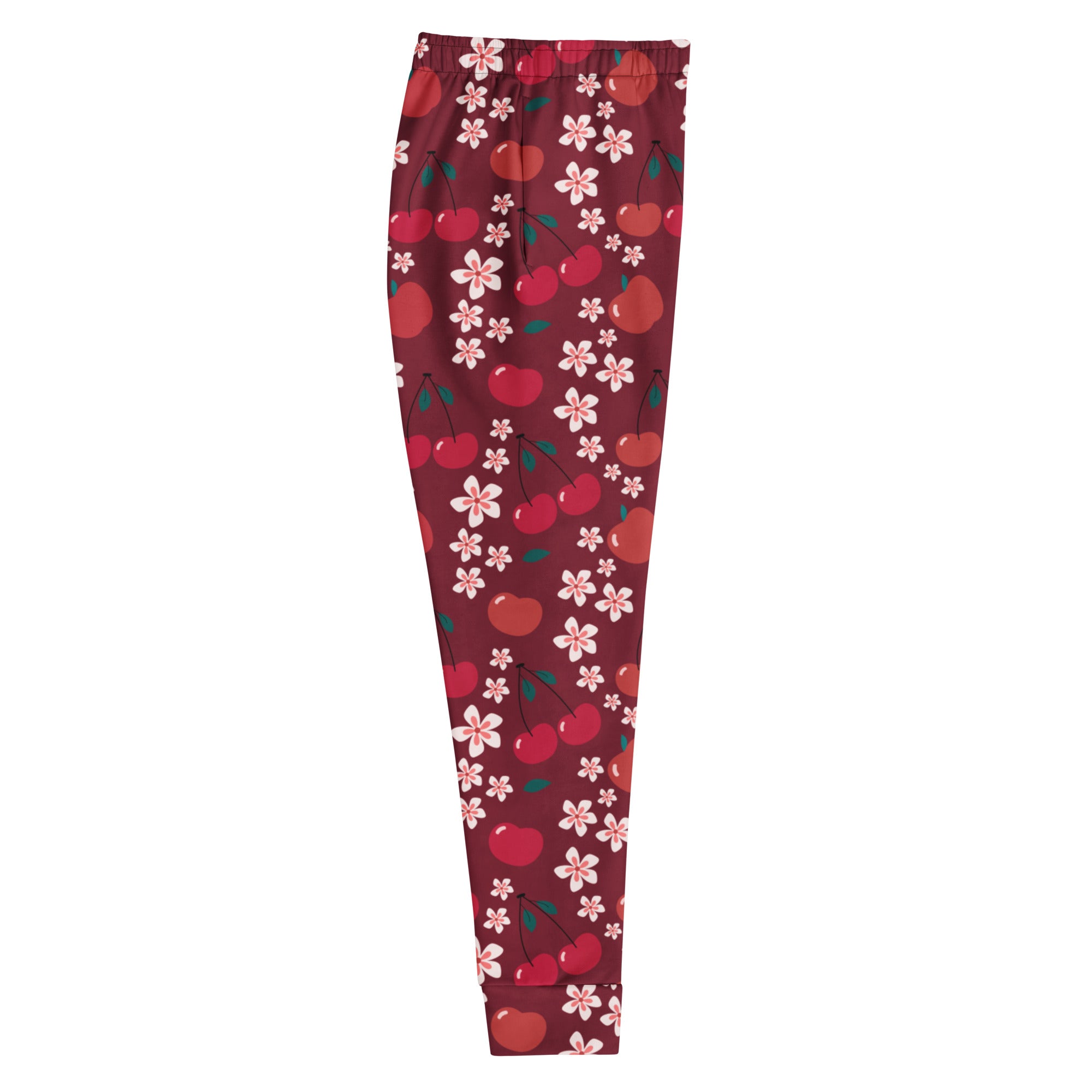 Women’s maroon cherry blossom recycled jogger pants with pockets featuring red cherries and pink flowers cozy fleece lining