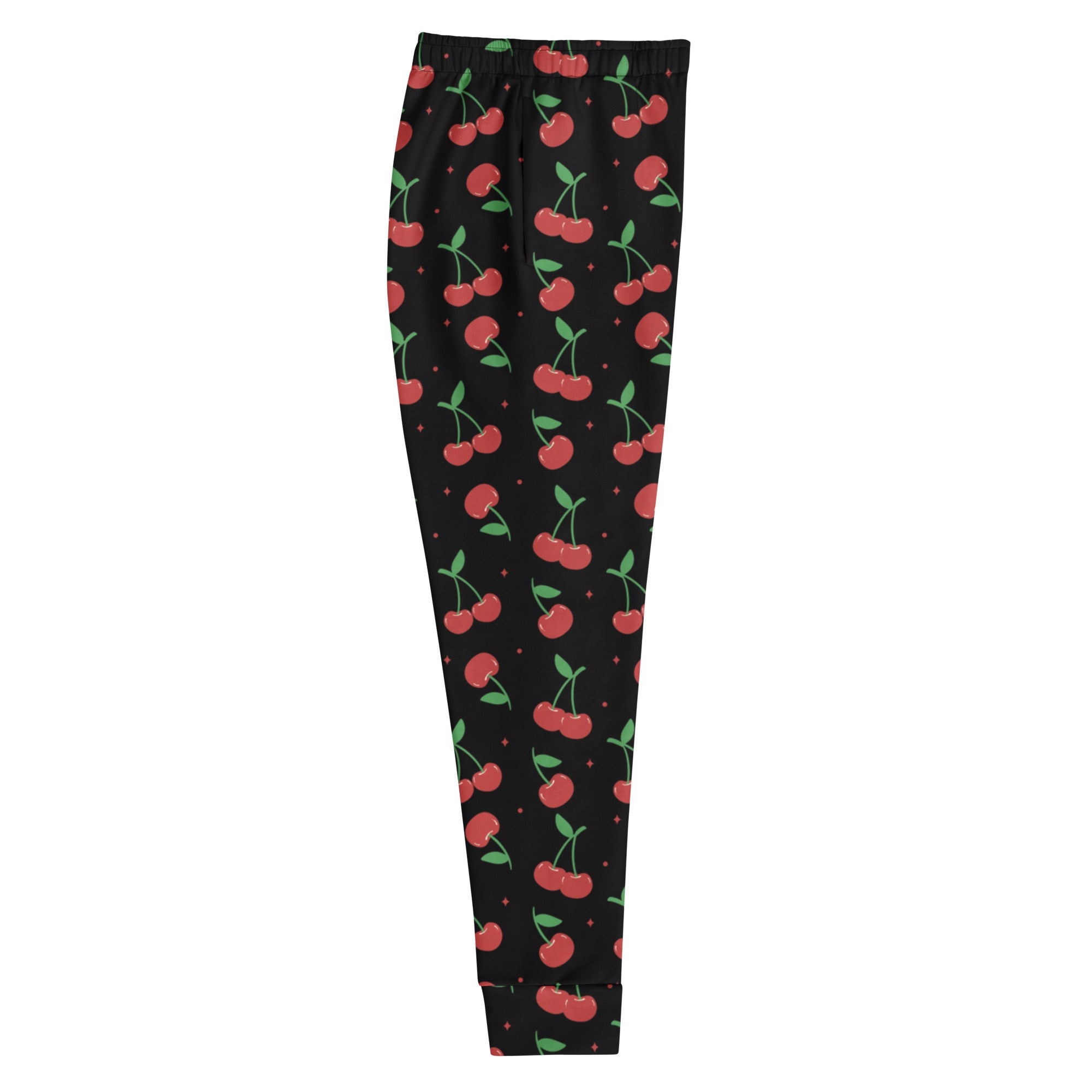 Women’s black cherry recycled jogger pants with pockets featuring red cherry pattern and cozy brushed fleece inside