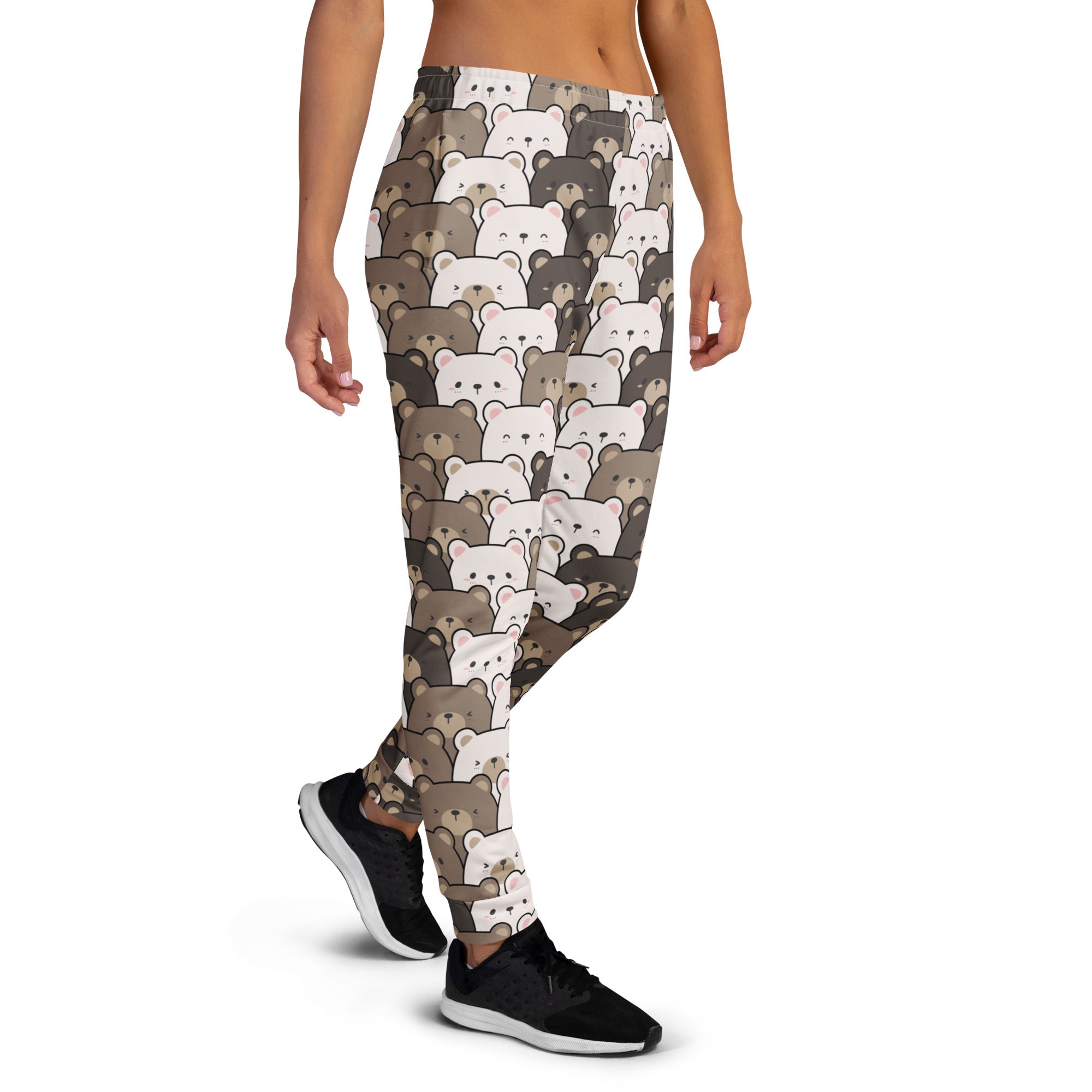 Women’s bear face recycled jogger pants with cozy brushed inside fleece and all-over cartoon bear print in white and brown