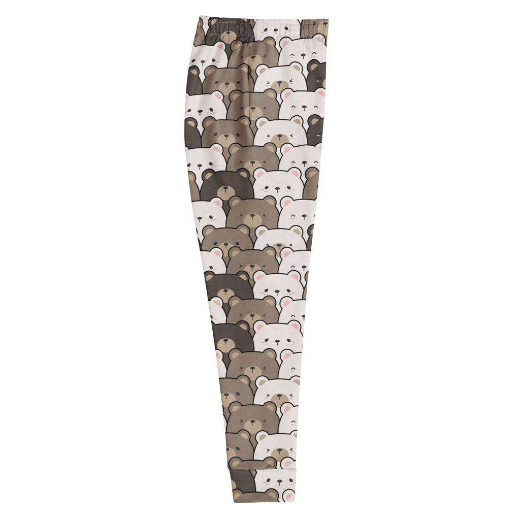 Women’s bear face recycled jogger pants with pockets featuring cute white and brown cartoon bear pattern and cozy fleece lining