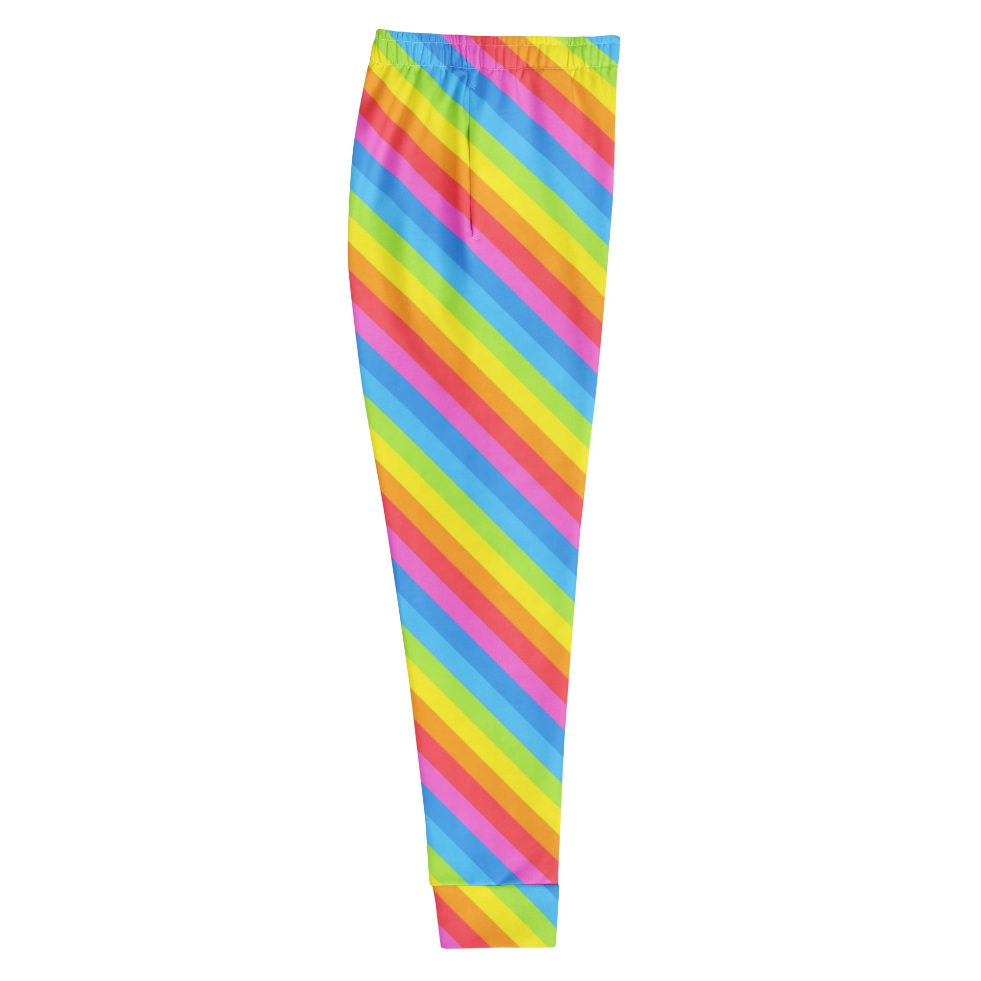 Women’s rainbow stripe recycled jogger pants with elastic waistband cuffed ankles pockets and cozy brushed fleece lining