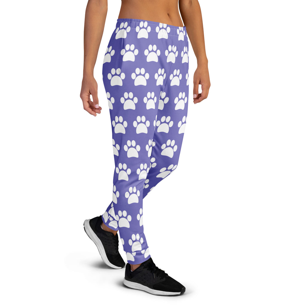 Women’s purple recycled jogger pants with white paw print pattern cozy brushed fleece and pockets