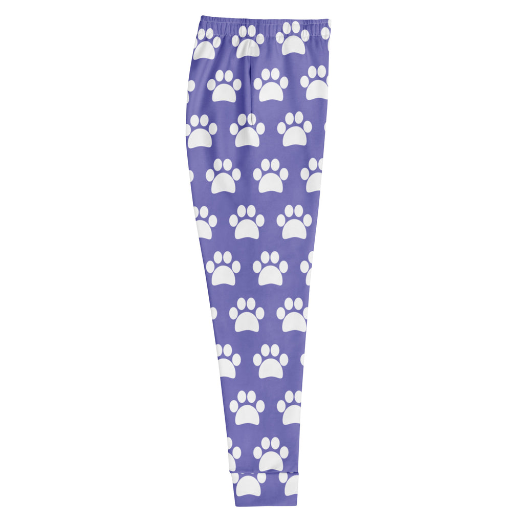 Women’s purple jogger pants with white paw print pattern cozy brushed inside fleece and pockets