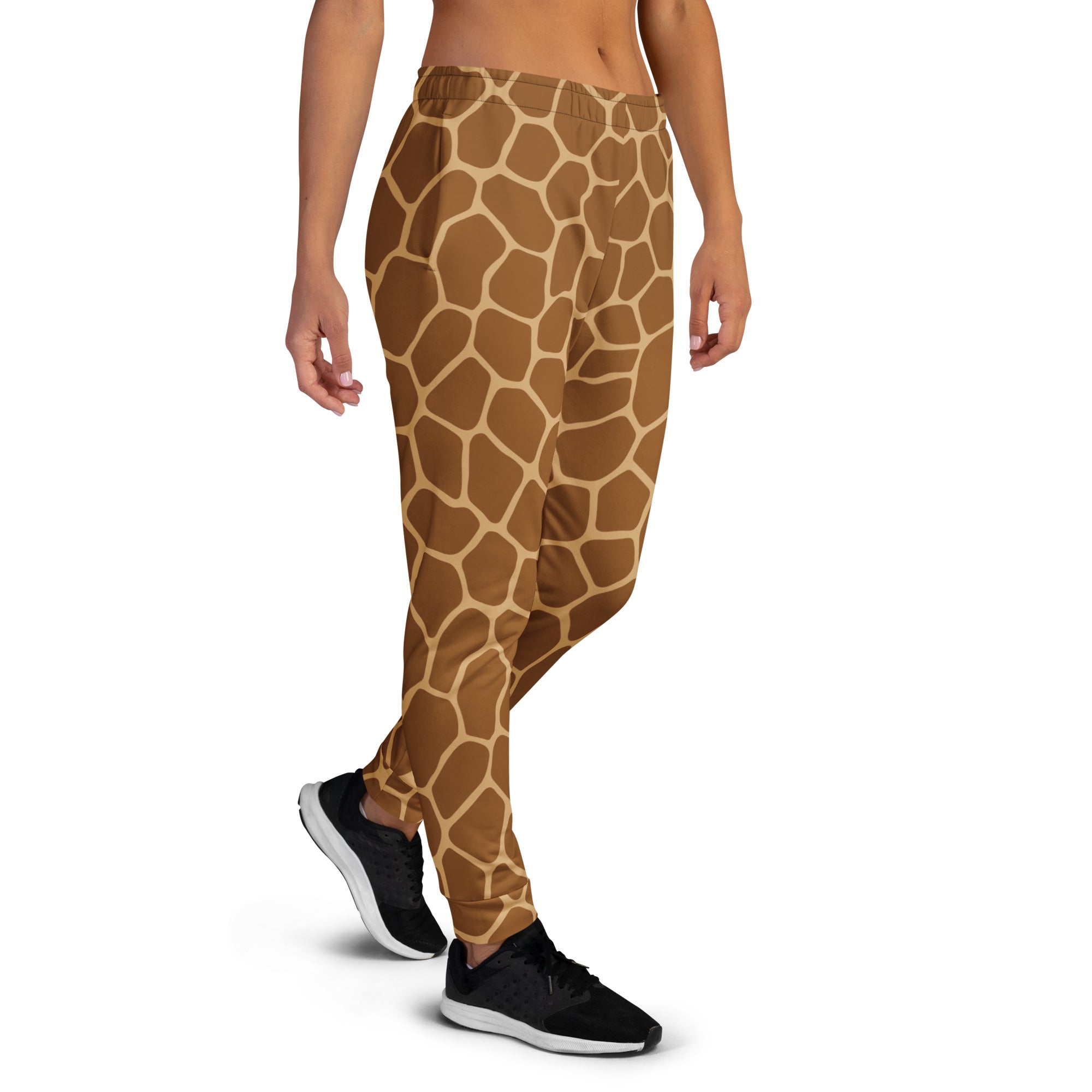 Women’s giraffe print jogger pants with pockets cozy brushed fleece inside in brown and beige print