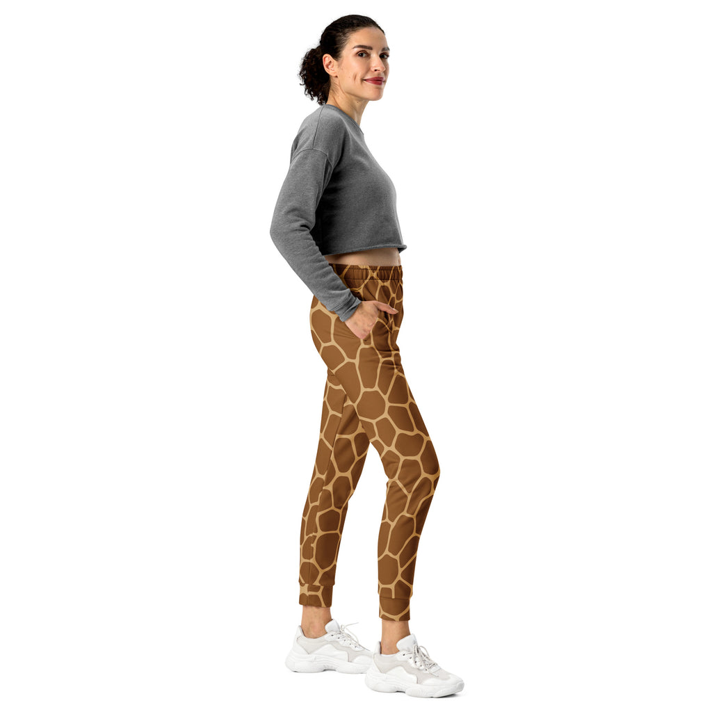 Women’s brown giraffe print recycled jogger pants with cozy brushed fleece inside elastic waistband and cuffed ankles