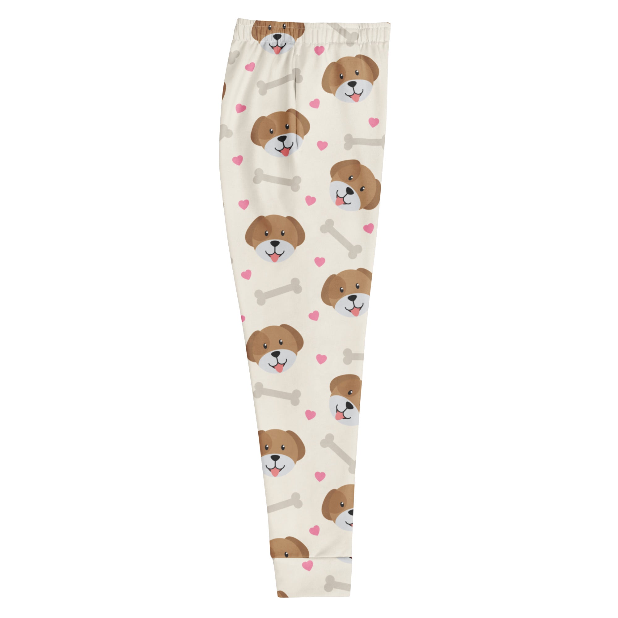 Cream-colored womens recycled jogger pants with brown puppy faces pink hearts gray bones cozy brushed fleece