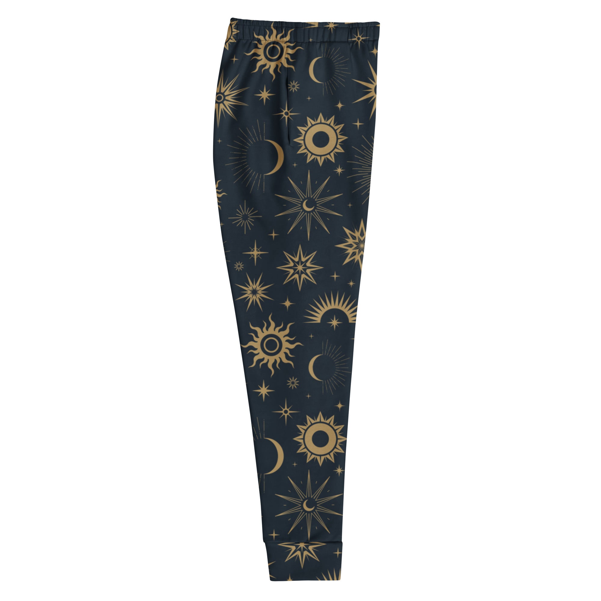 Women’s dark blue recycled jogger pants with gold celestial sun moon star pattern and cozy brushed fleece lining