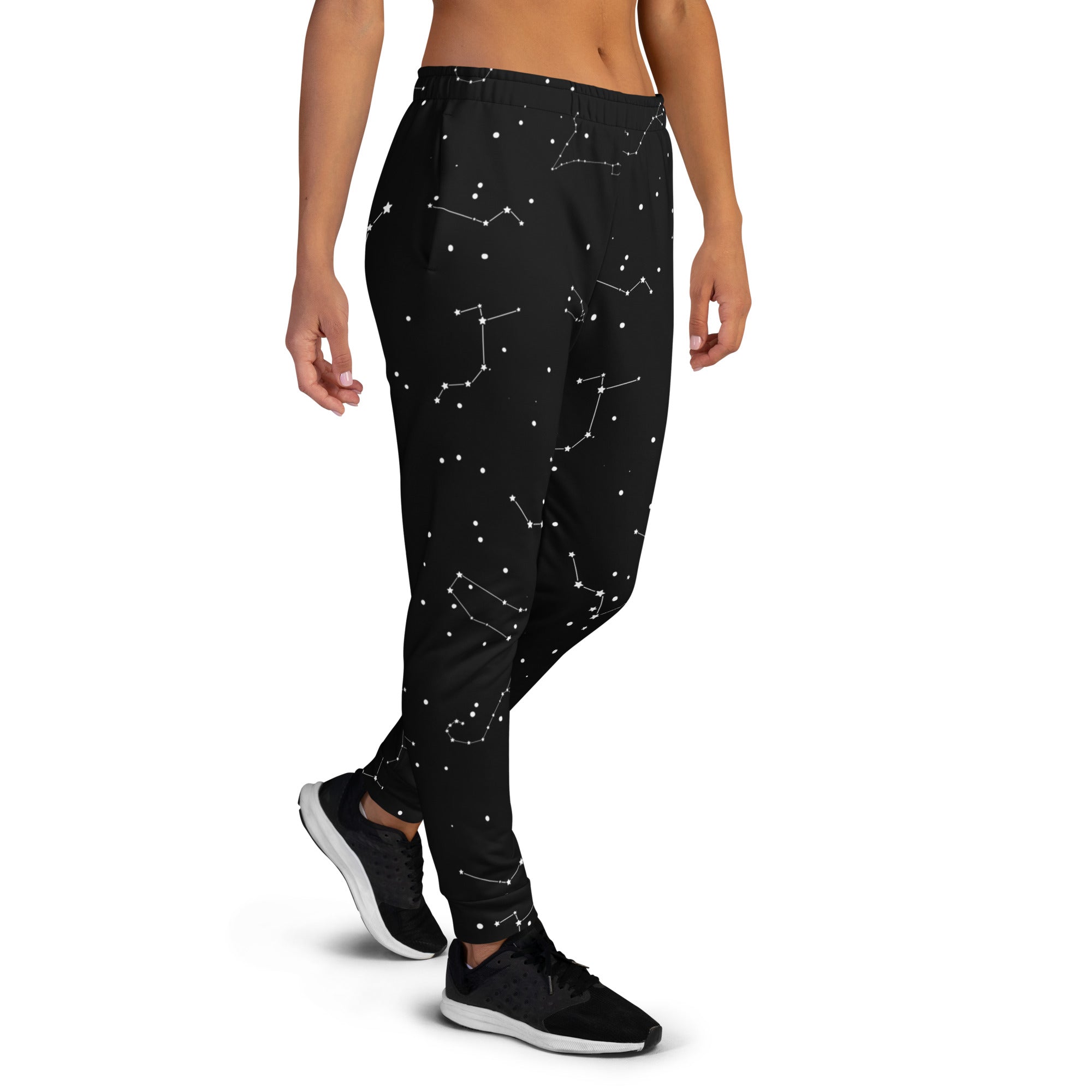 Women’s black joggers with white constellation pattern cozy brushed inside fleece recycled fabric with pockets