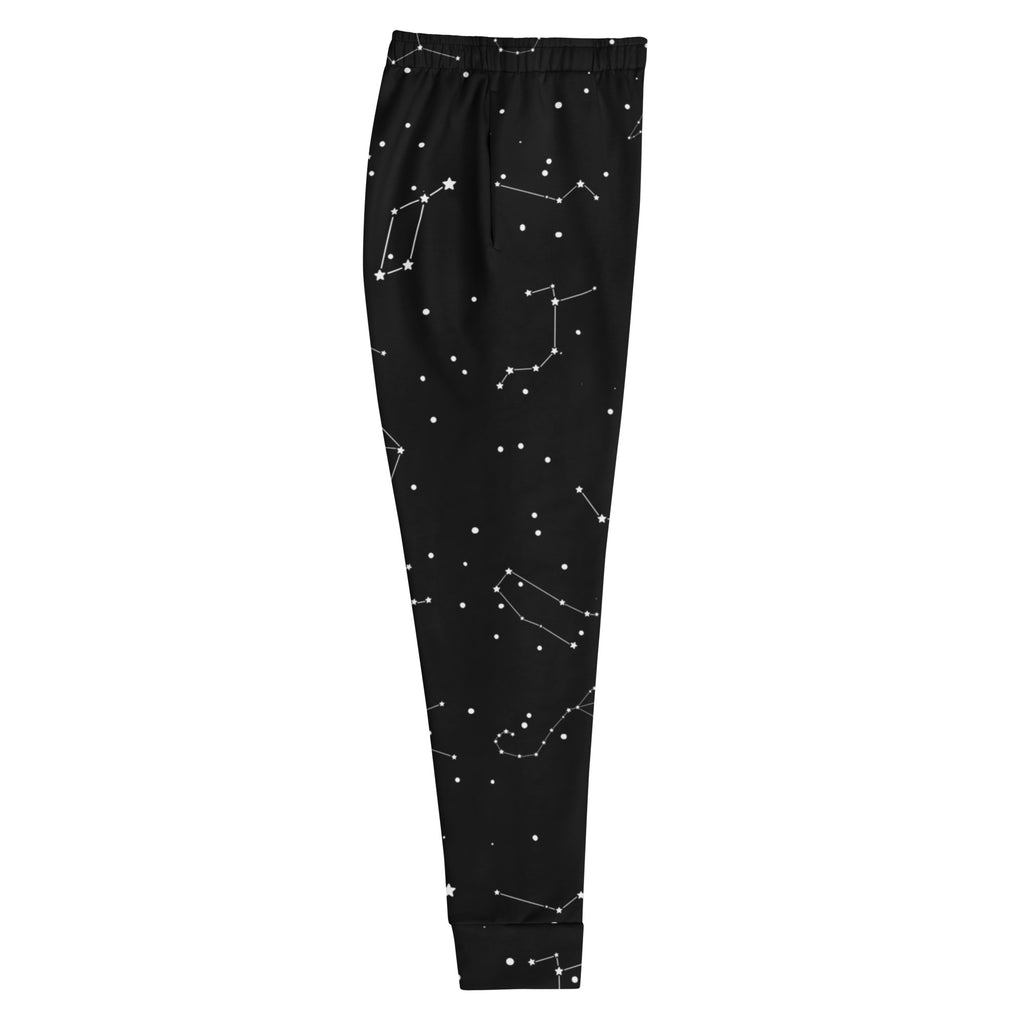 Black recycled jogger pants for women with white realistic constellation pattern and cozy brushed fleece inside