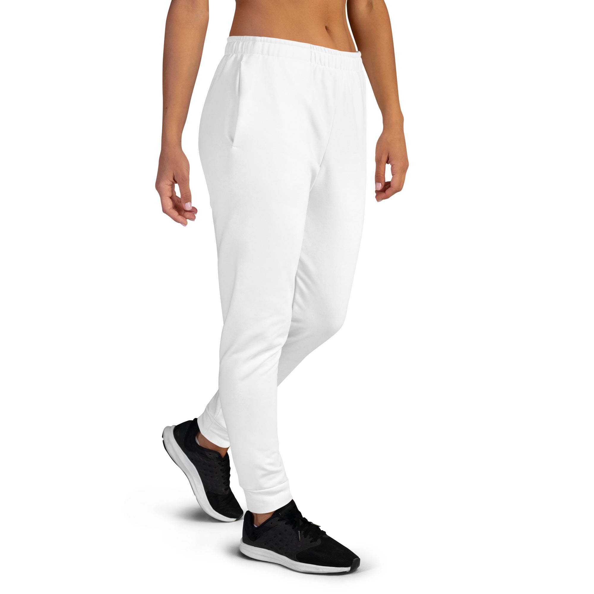 Women’s white recycled jogger pants with cozy brushed fleece inside elastic waistband and tapered fit with pockets