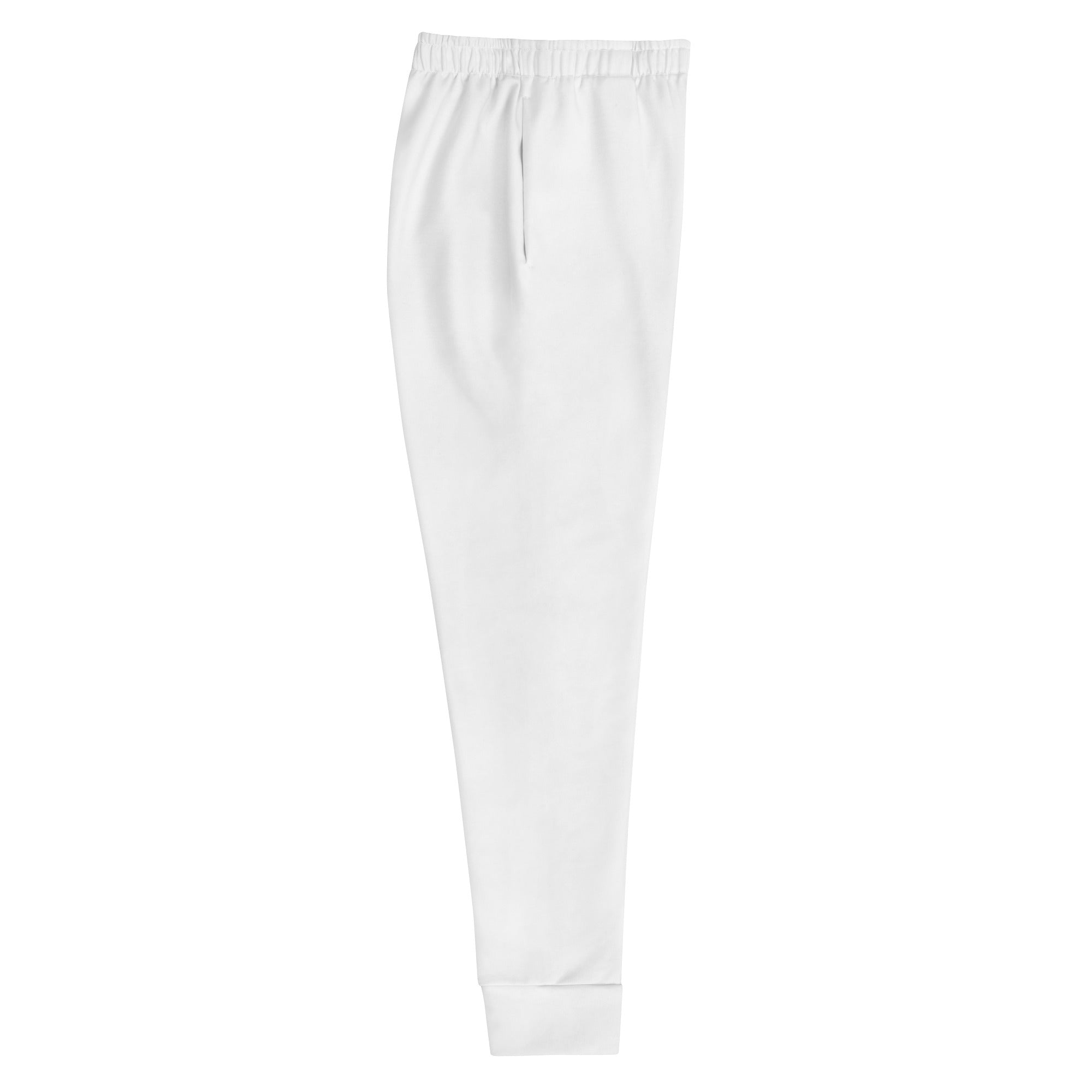 Women’s white recycled cotton jogger pants with elastic waistband drawstring pockets and cozy brushed fleece inside