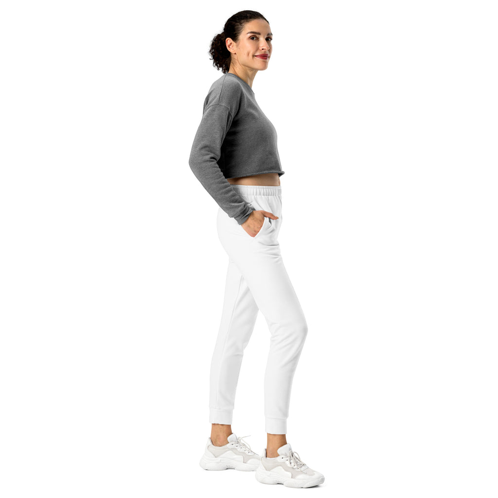 Women’s white recycled jogger pants with pockets elastic waistband slim fit and cozy brushed inside fleece lining