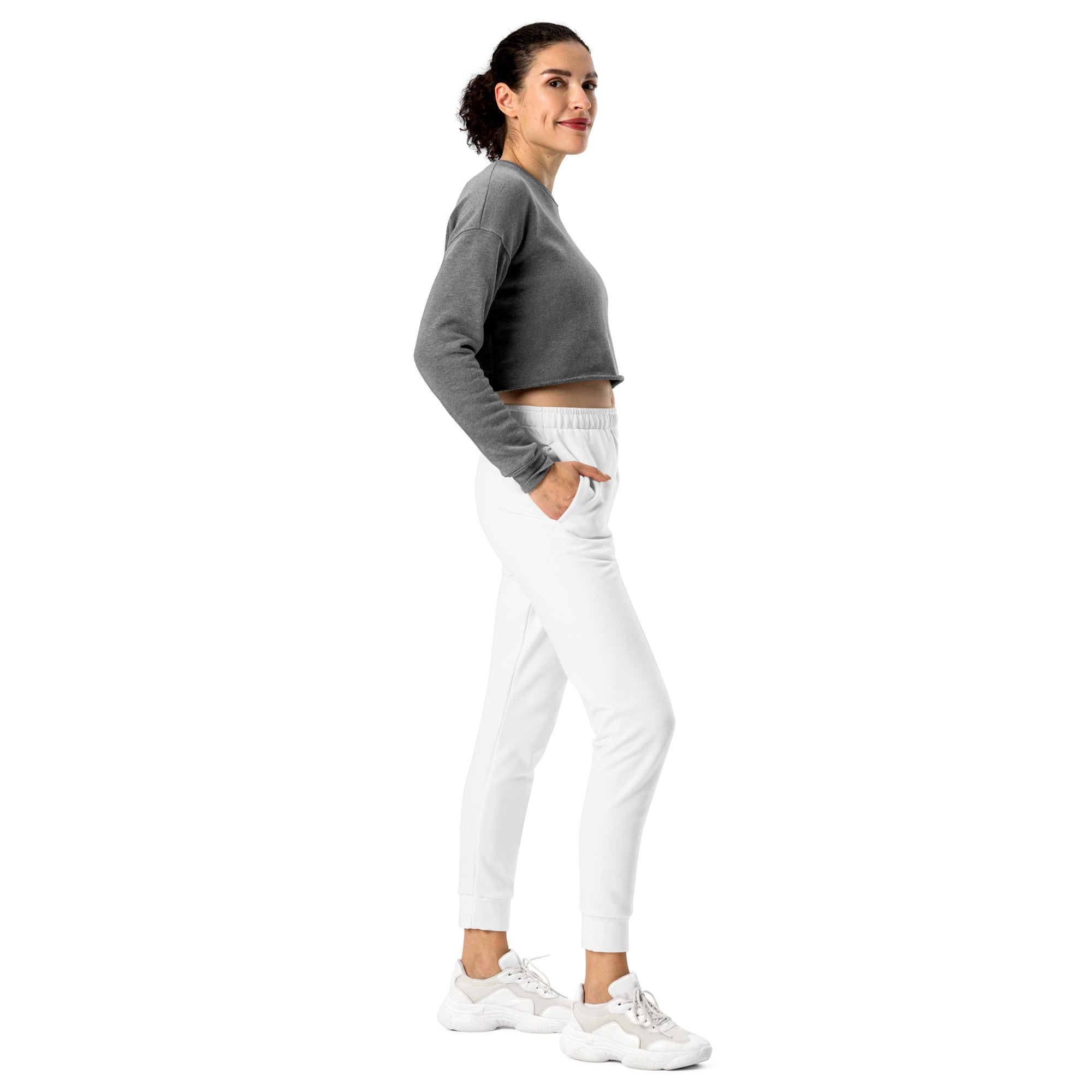Women’s white recycled jogger pants with pockets elastic waistband slim fit and cozy brushed inside fleece lining