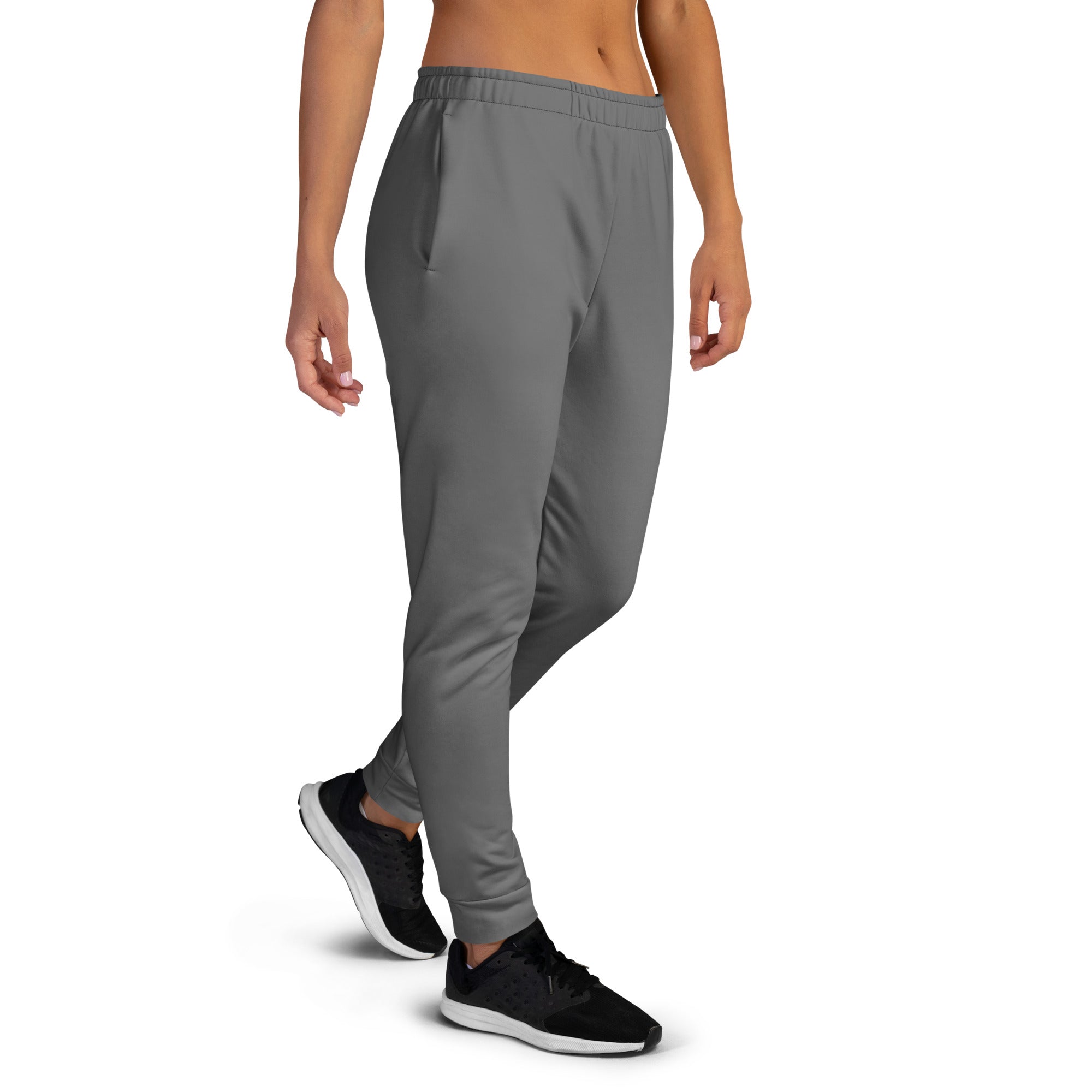 Women’s gray recycled jogger pants with tapered fit subtle side pockets and cozy brushed inside fleece lining