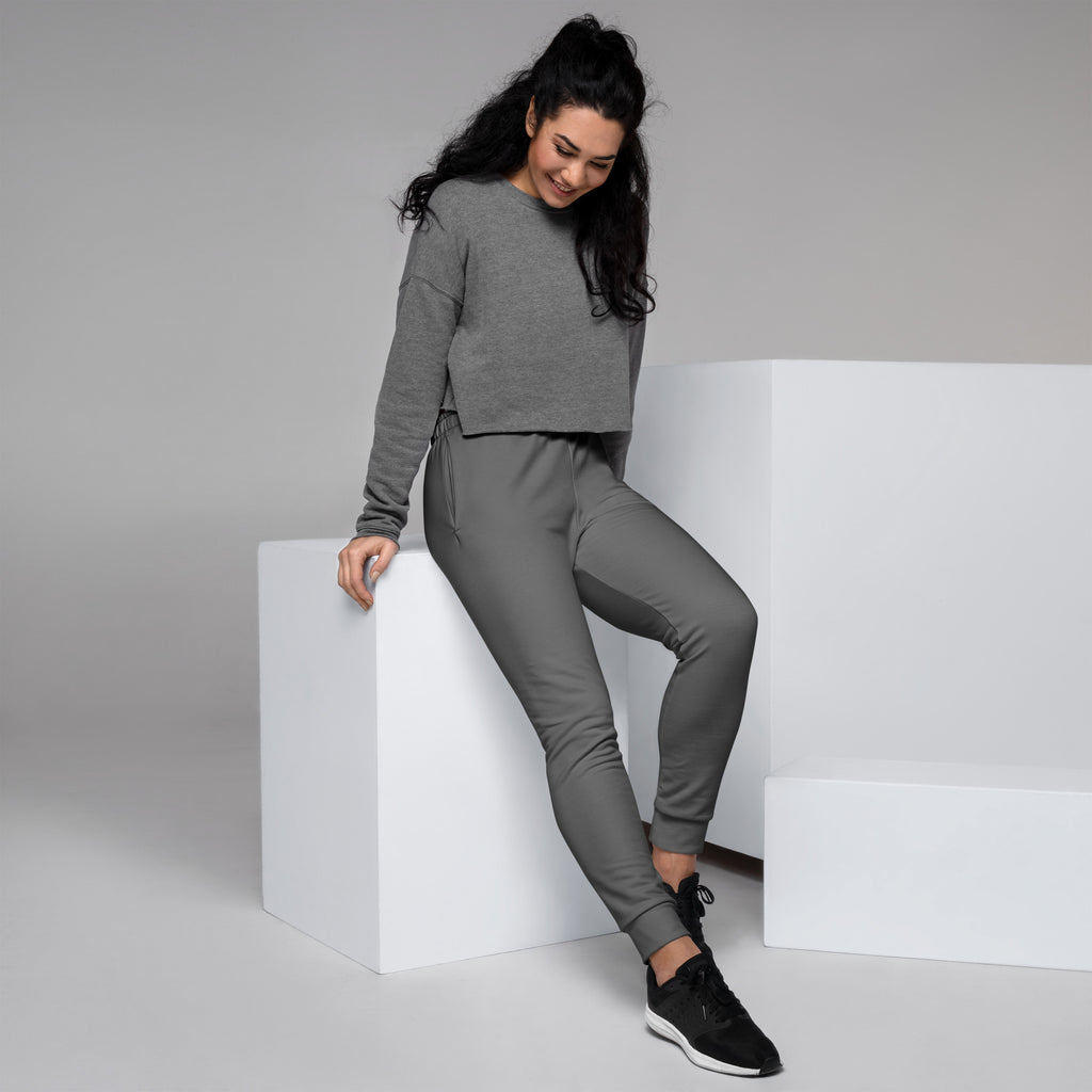 Women’s gray recycled jogger pants with pockets and matching cropped sweatshirt in cozy brushed inside fleece