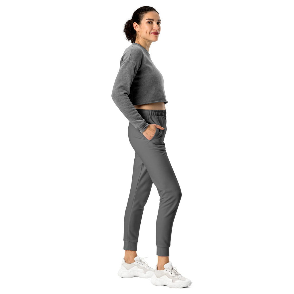 Women’s gray recycled jogger pants with pockets feature cozy brushed inside fleece and a gray cropped long-sleeve sweatshirt with elastic waistband and side pockets