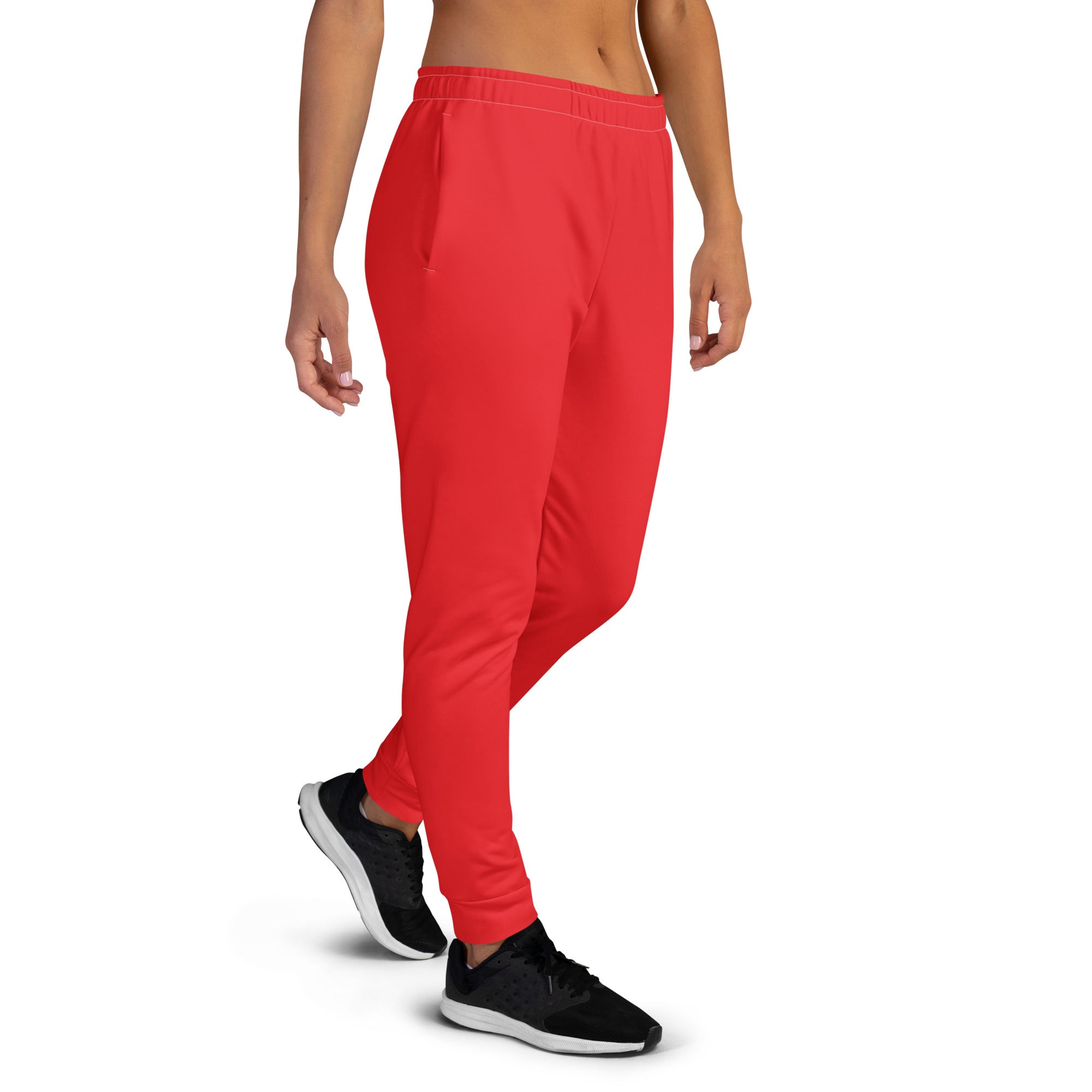 Women’s red recycled jogger pants with comfortable elastic waistband tapered legs and cozy brushed inside fleece