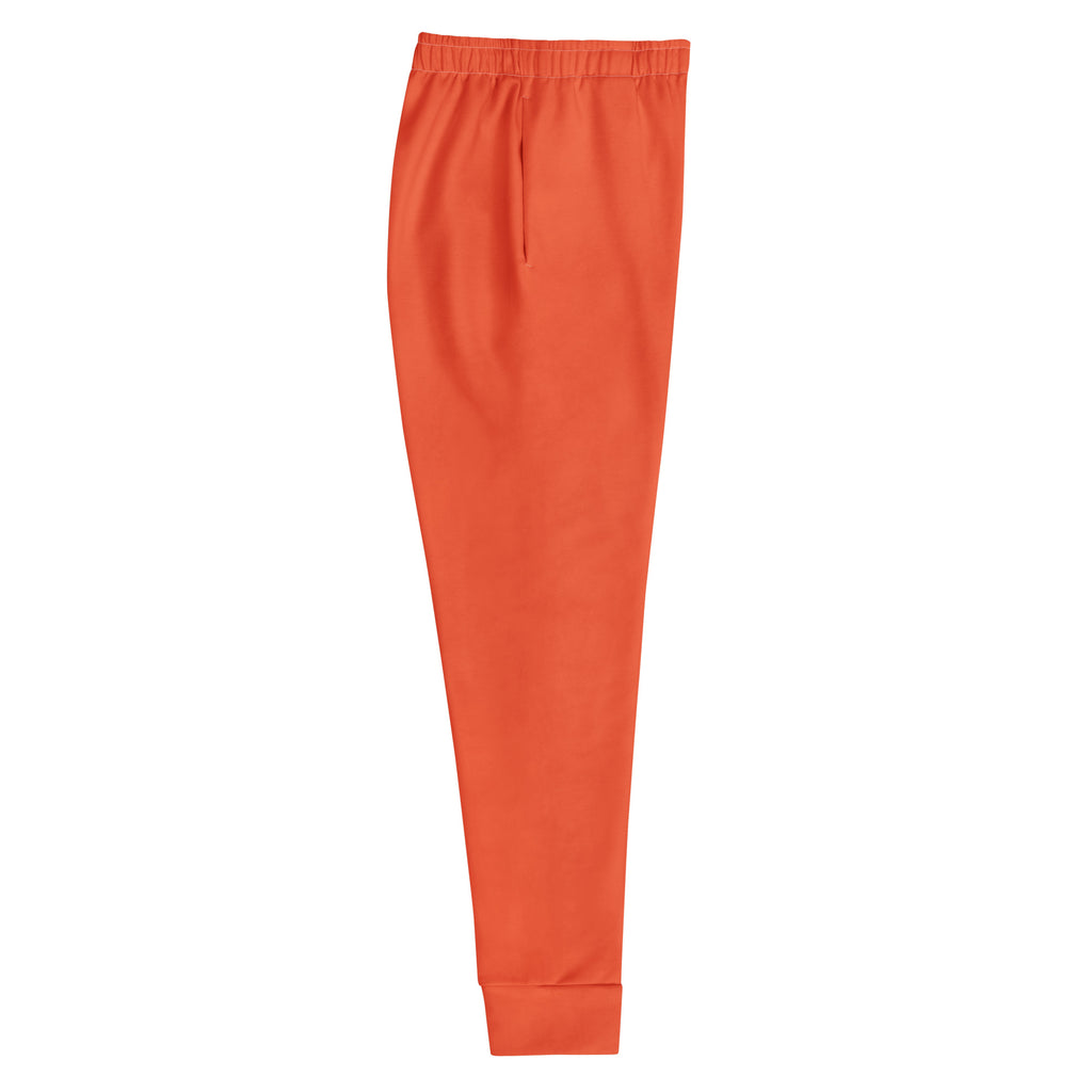 Women’s orange recycled jogger pants with elastic waistband small front pocket and cozy brushed inside fleece lining