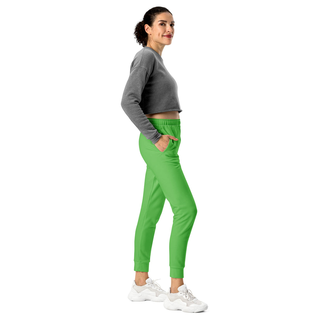 Women’s bright green recycled jogger pants with cozy brushed inside fleece and elastic waistband with tapered legs