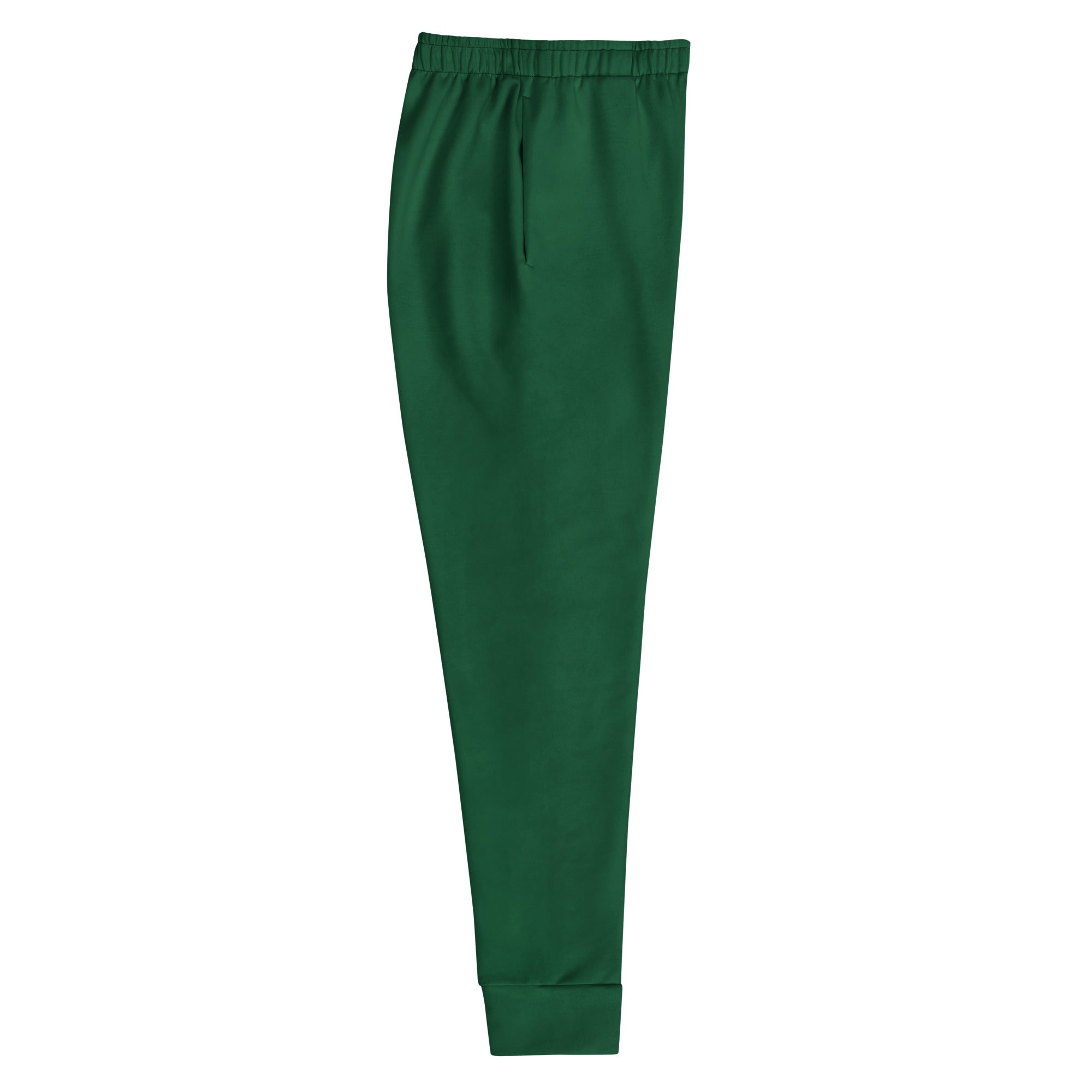 Women’s dark green recycled slim-fit jogger pants with elastic waistband ribbed cuffs and cozy brushed fleece lining