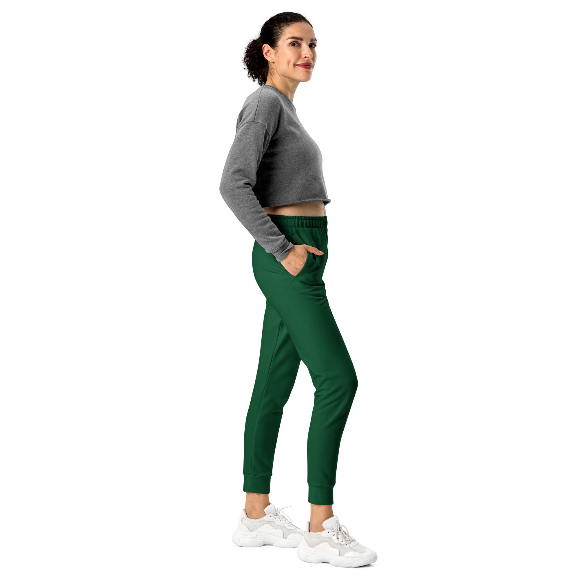 Women’s dark green recycled jogger pants with elastic waistband and cozy brushed inside fleece for relaxed comfort