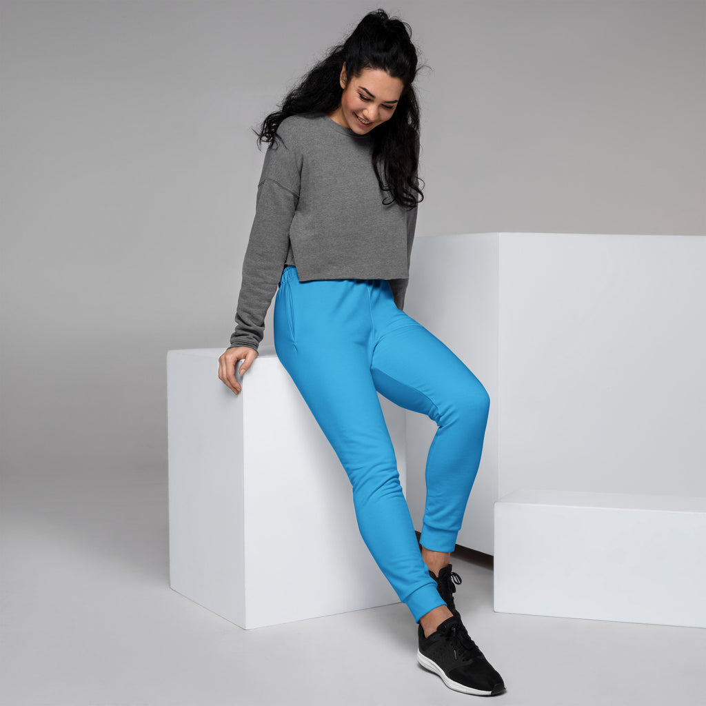 Women’s sky blue recycled jogger pants with cozy brushed inside fleece and ribbed cuffs for a snug fit and pockets