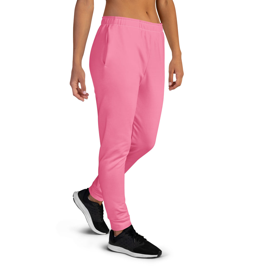 Women’s pink recycled jogger pants with soft stretchy fabric elastic waistband and cozy brushed inside fleece lining