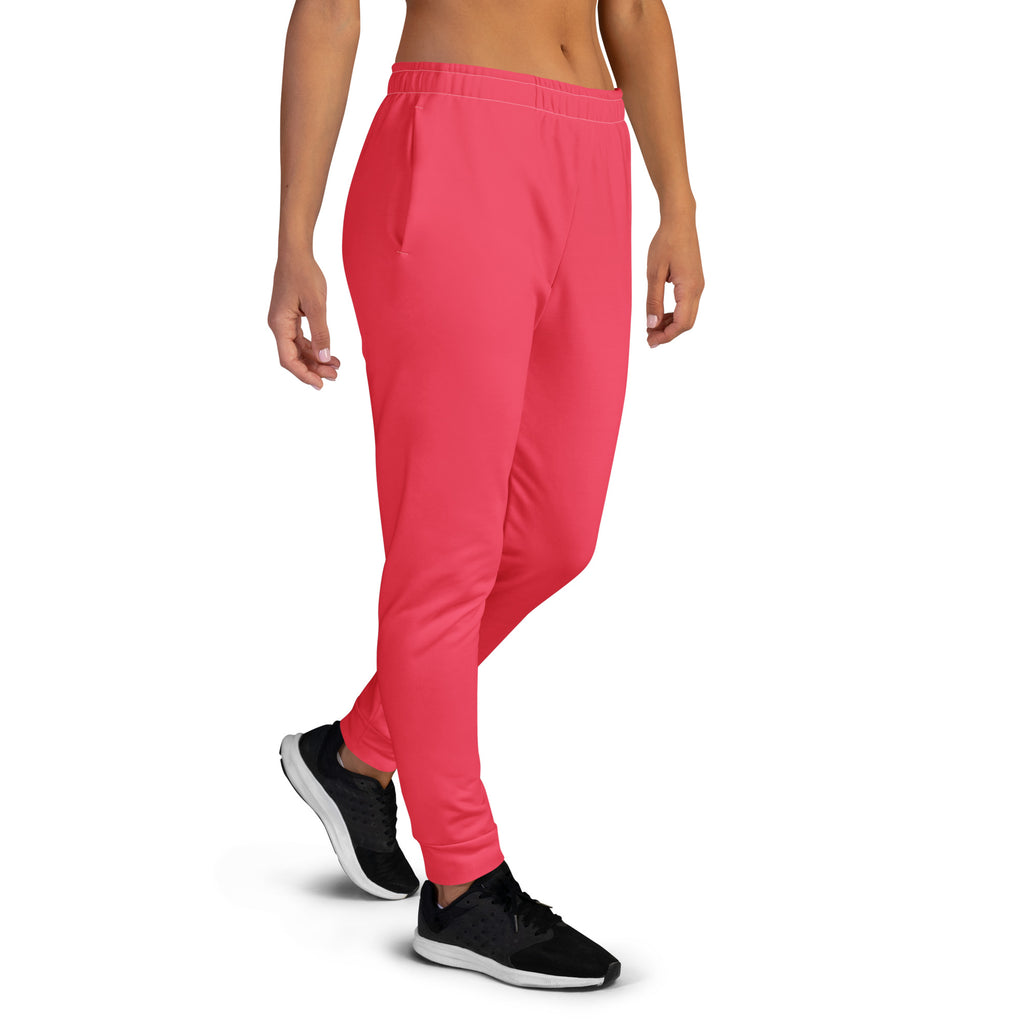 Women’s bright pink recycled jogger pants with elastic waistband tapered cuffs pockets and cozy brushed fleece inside
