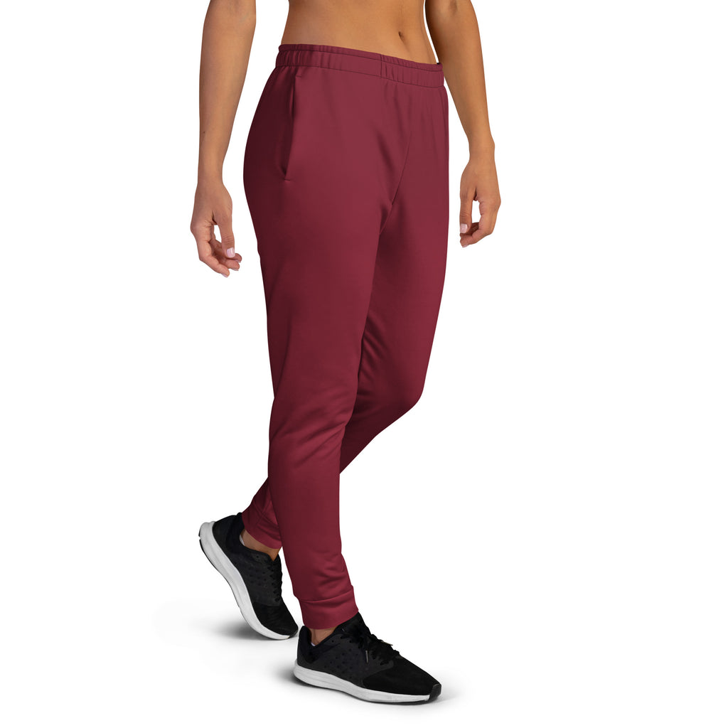 Women’s burgundy recycled jogger pants with cozy brushed inside fleece soft stretchy fabric and tapered cuffs